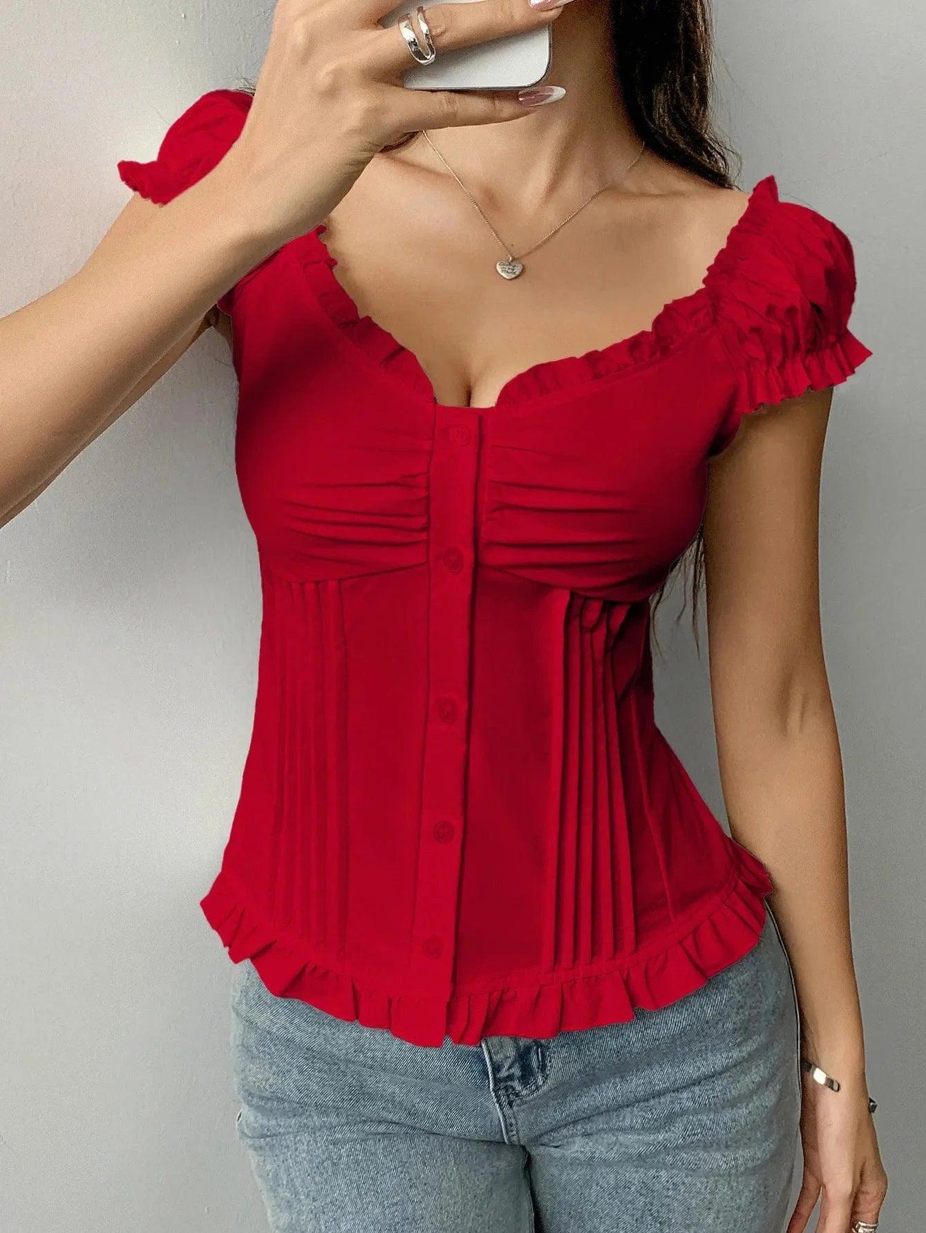 Frill Ruched Cap Sleeve Blouse - ShalayeFashion