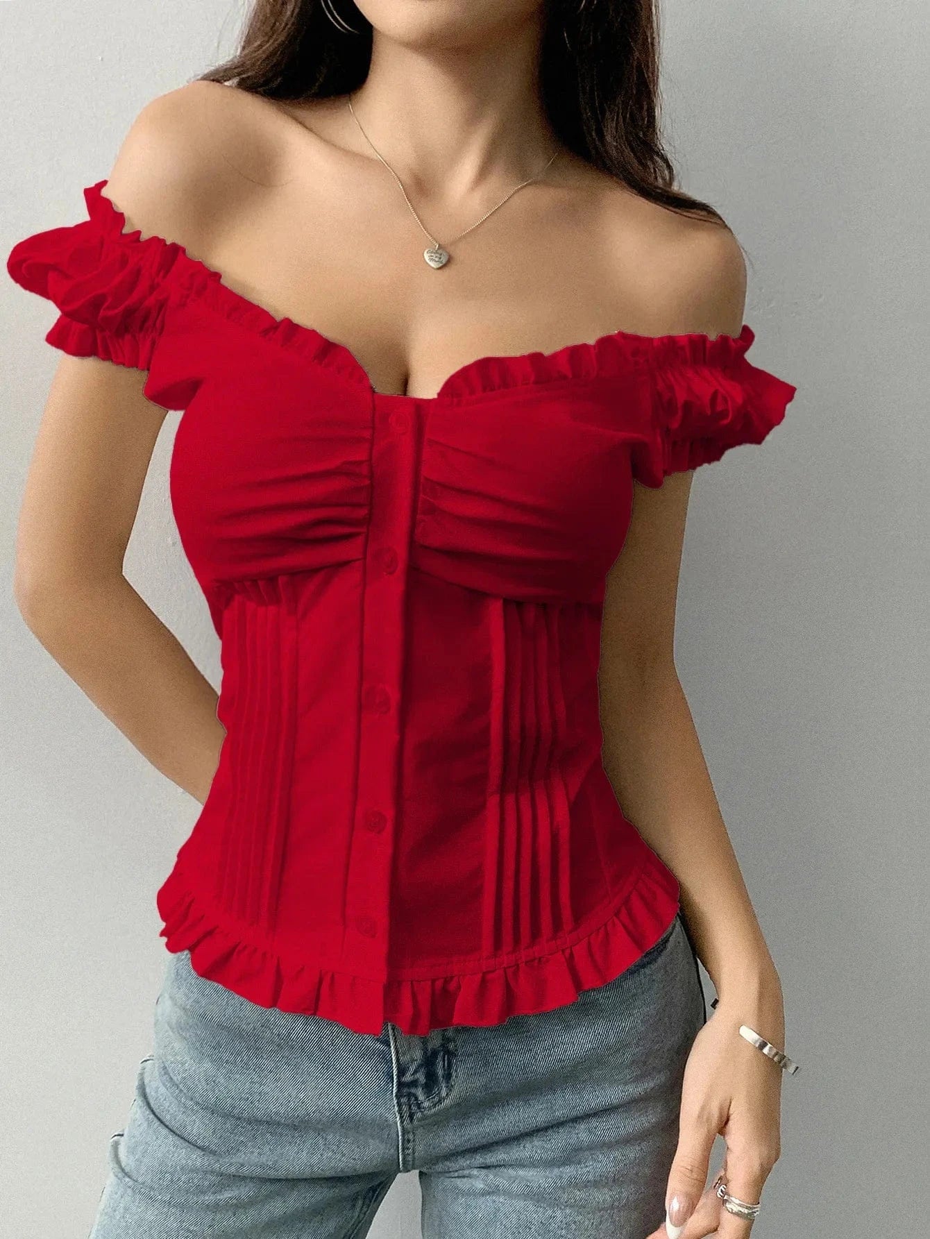 Frill Ruched Cap Sleeve Blouse - ShalayeFashion