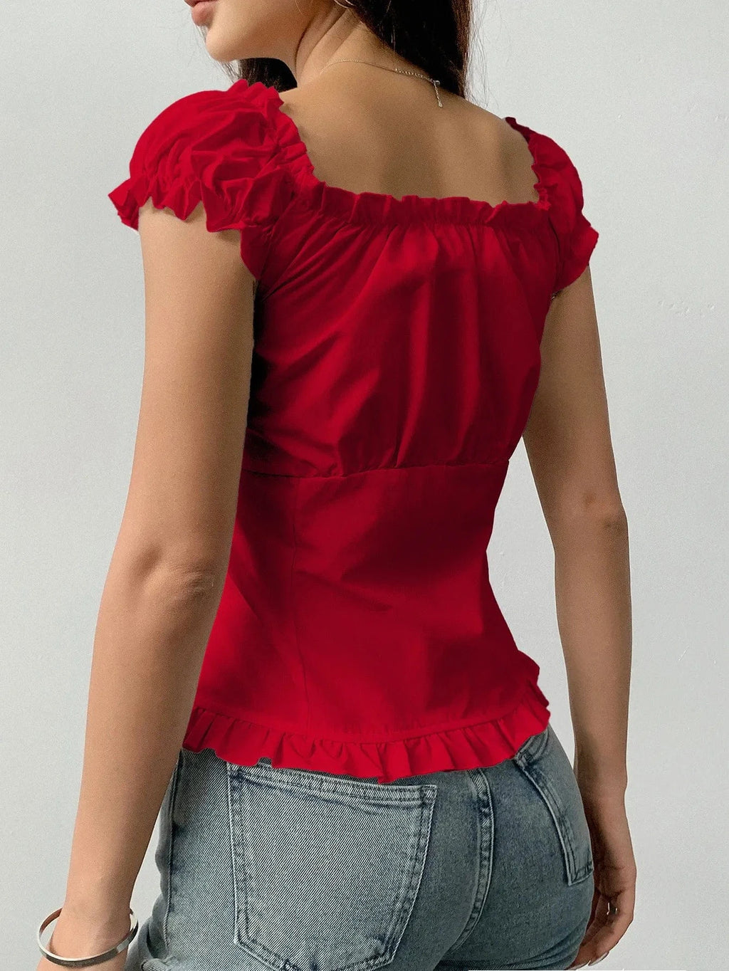 Frill Ruched Cap Sleeve Blouse - ShalayeFashion