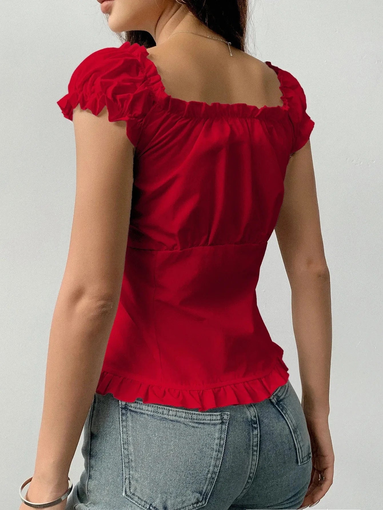 Frill Ruched Cap Sleeve Blouse - ShalayeFashion