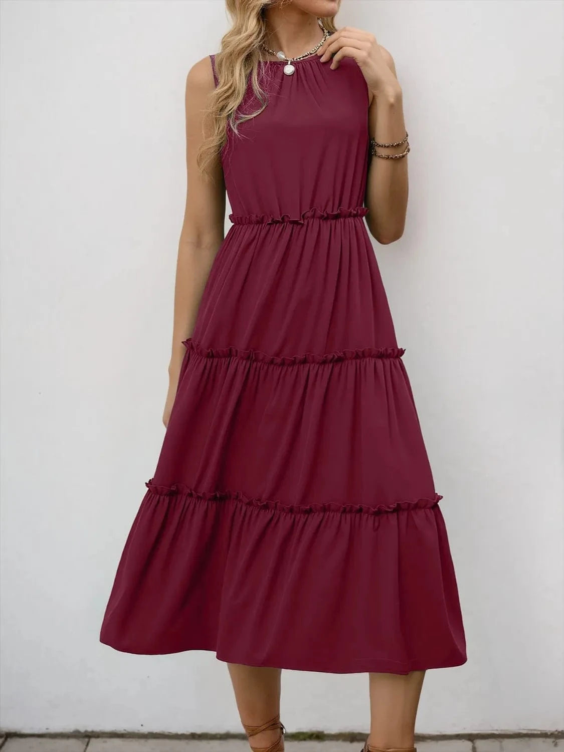 Frill Tiered Midi Dress - ShalayeFashion