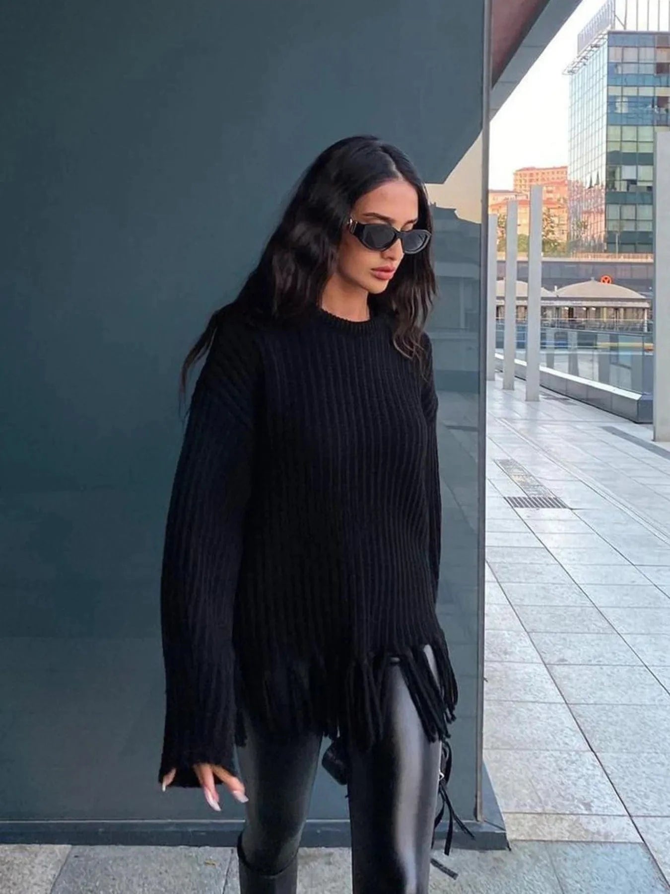 Fringe Round Neck Long Sleeve Sweater - ShalayeFashion