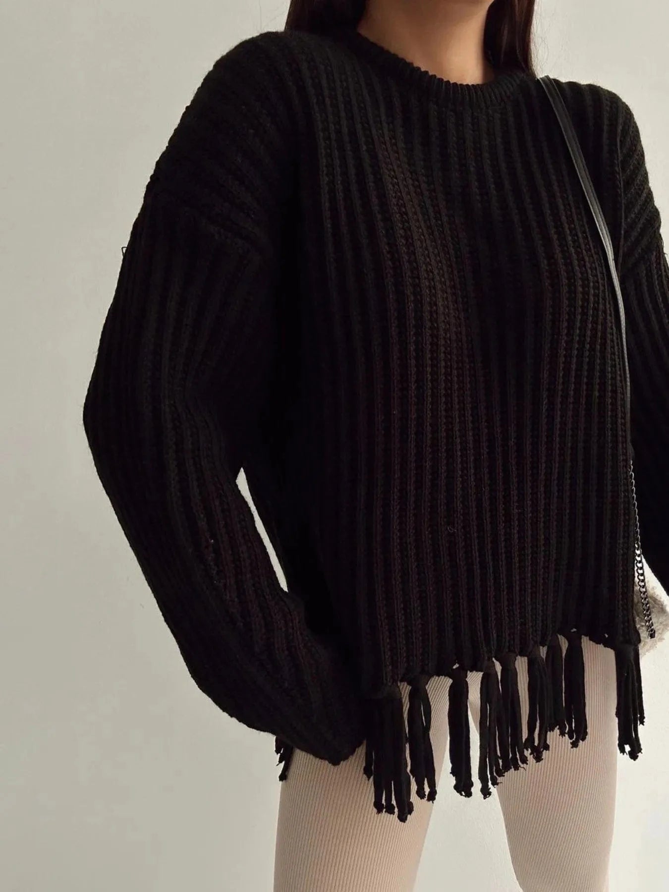 Fringe Round Neck Long Sleeve Sweater - ShalayeFashion