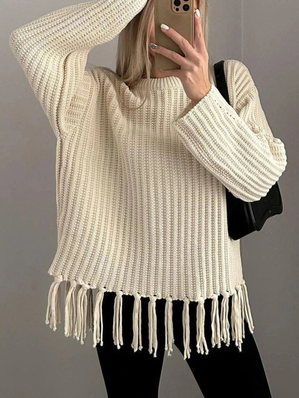 Fringe Round Neck Long Sleeve Sweater - ShalayeFashion