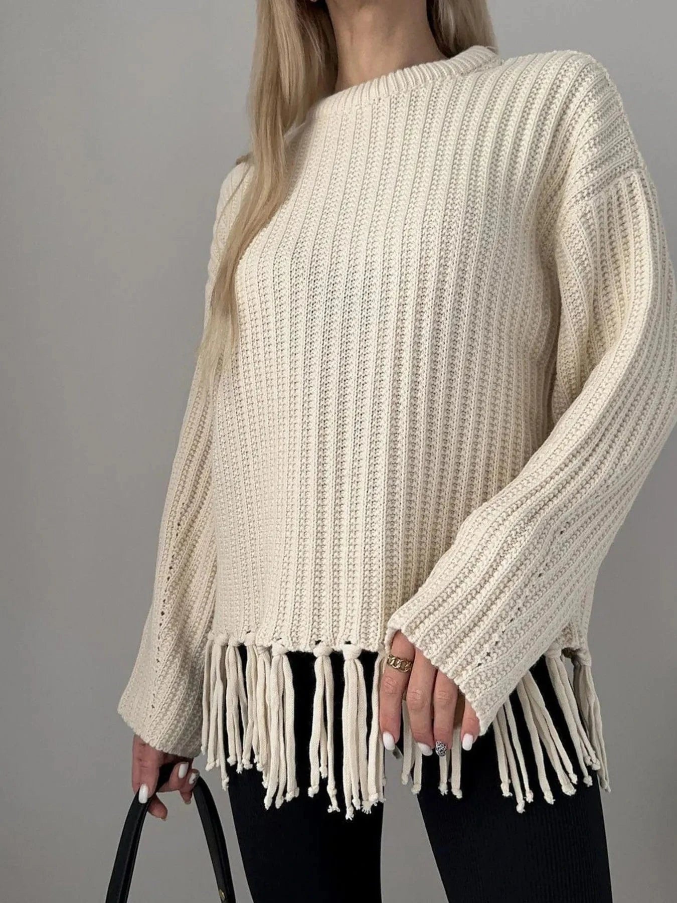 Fringe Round Neck Long Sleeve Sweater - ShalayeFashion