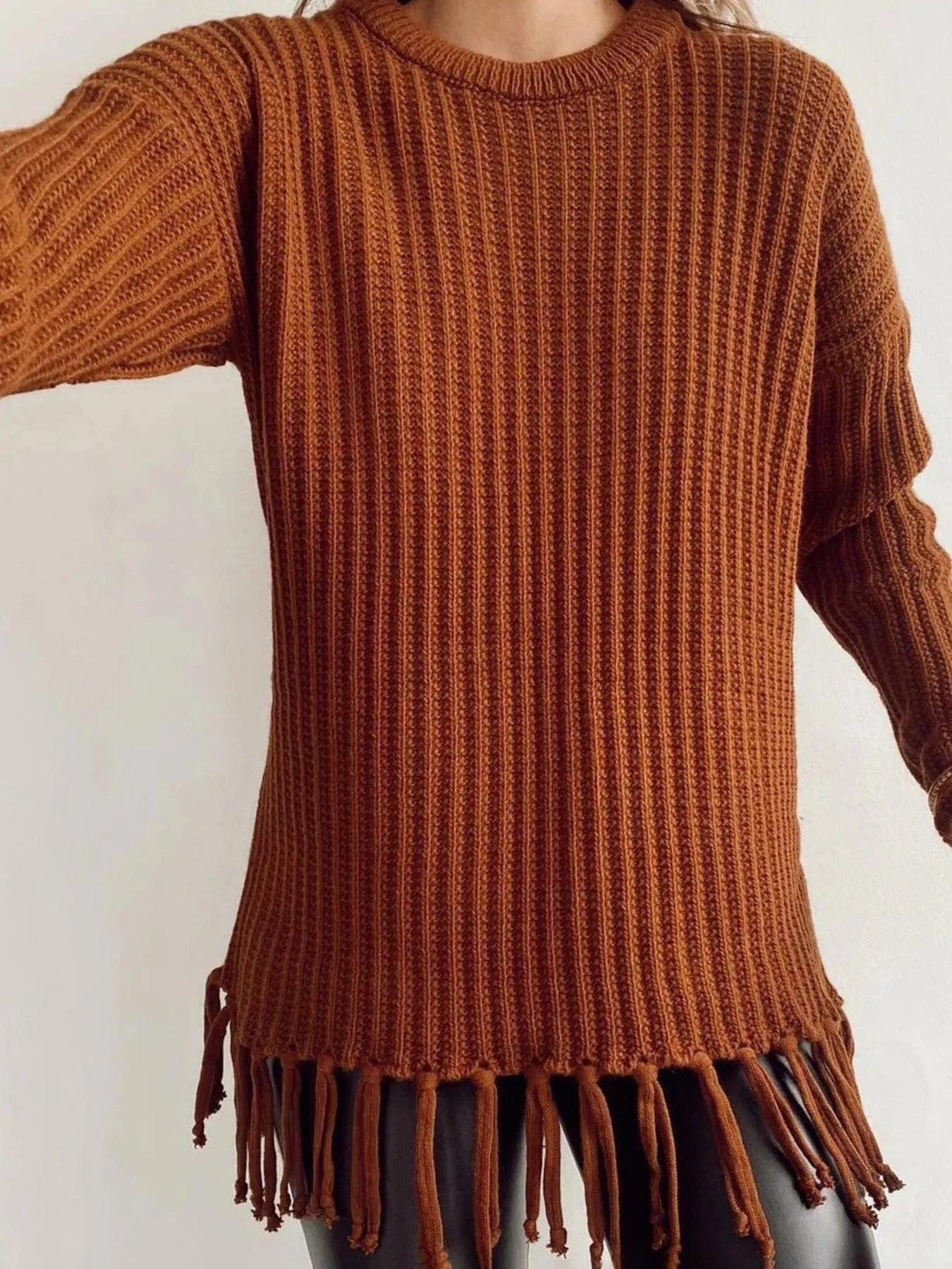 Fringe Round Neck Long Sleeve Sweater - ShalayeFashion
