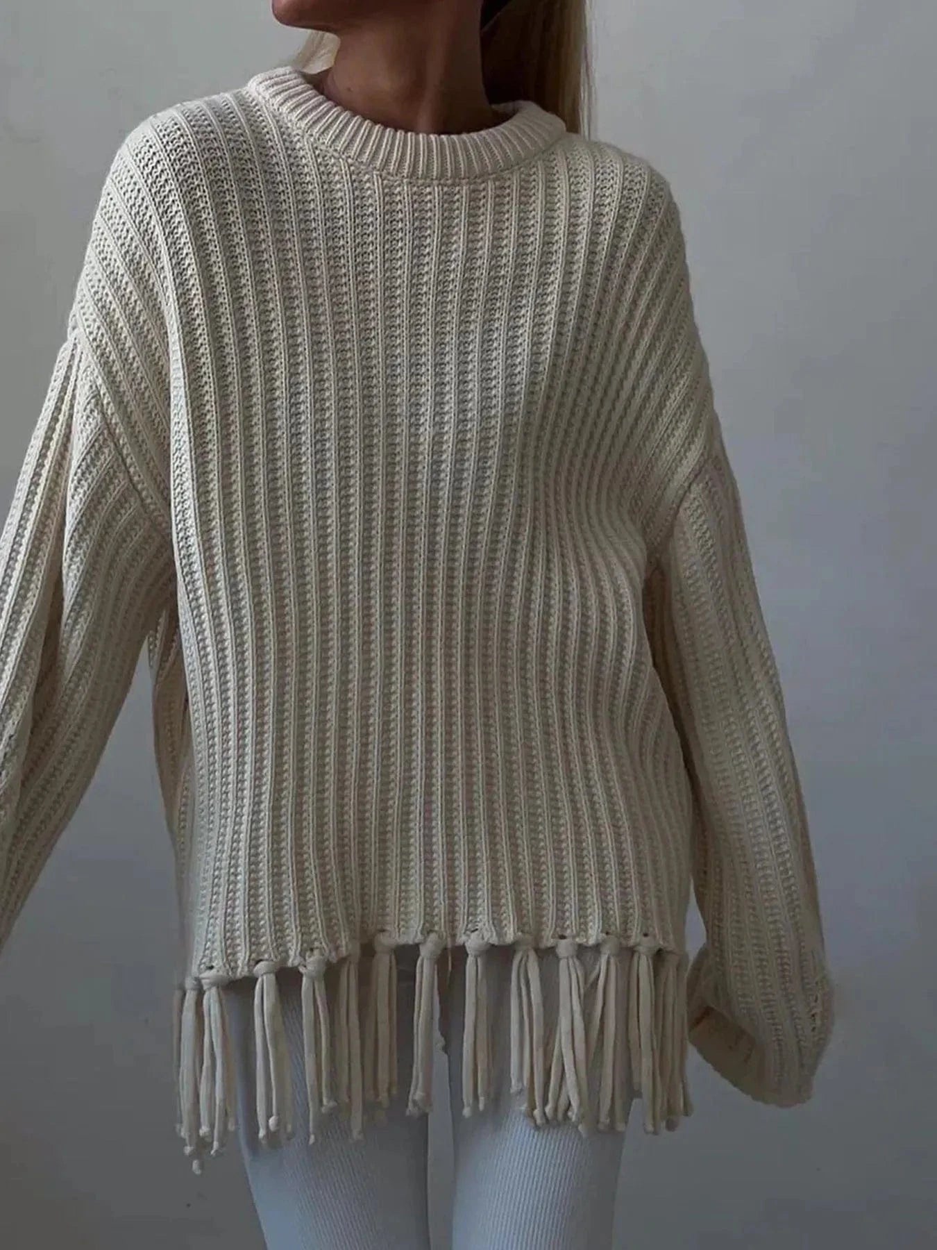 Fringe Round Neck Long Sleeve Sweater - ShalayeFashion
