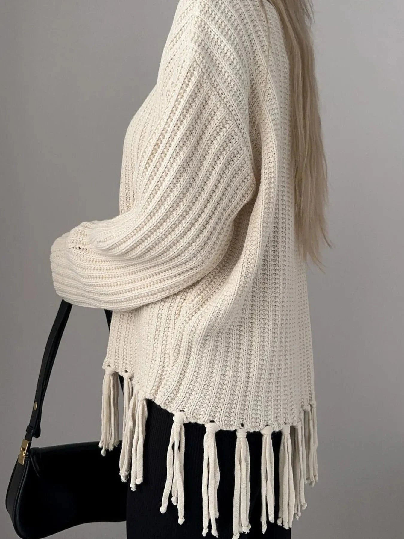 Fringe Round Neck Long Sleeve Sweater - ShalayeFashion