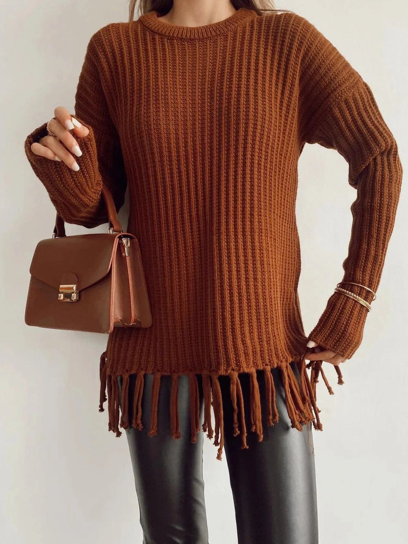 Fringe Round Neck Long Sleeve Sweater - ShalayeFashion