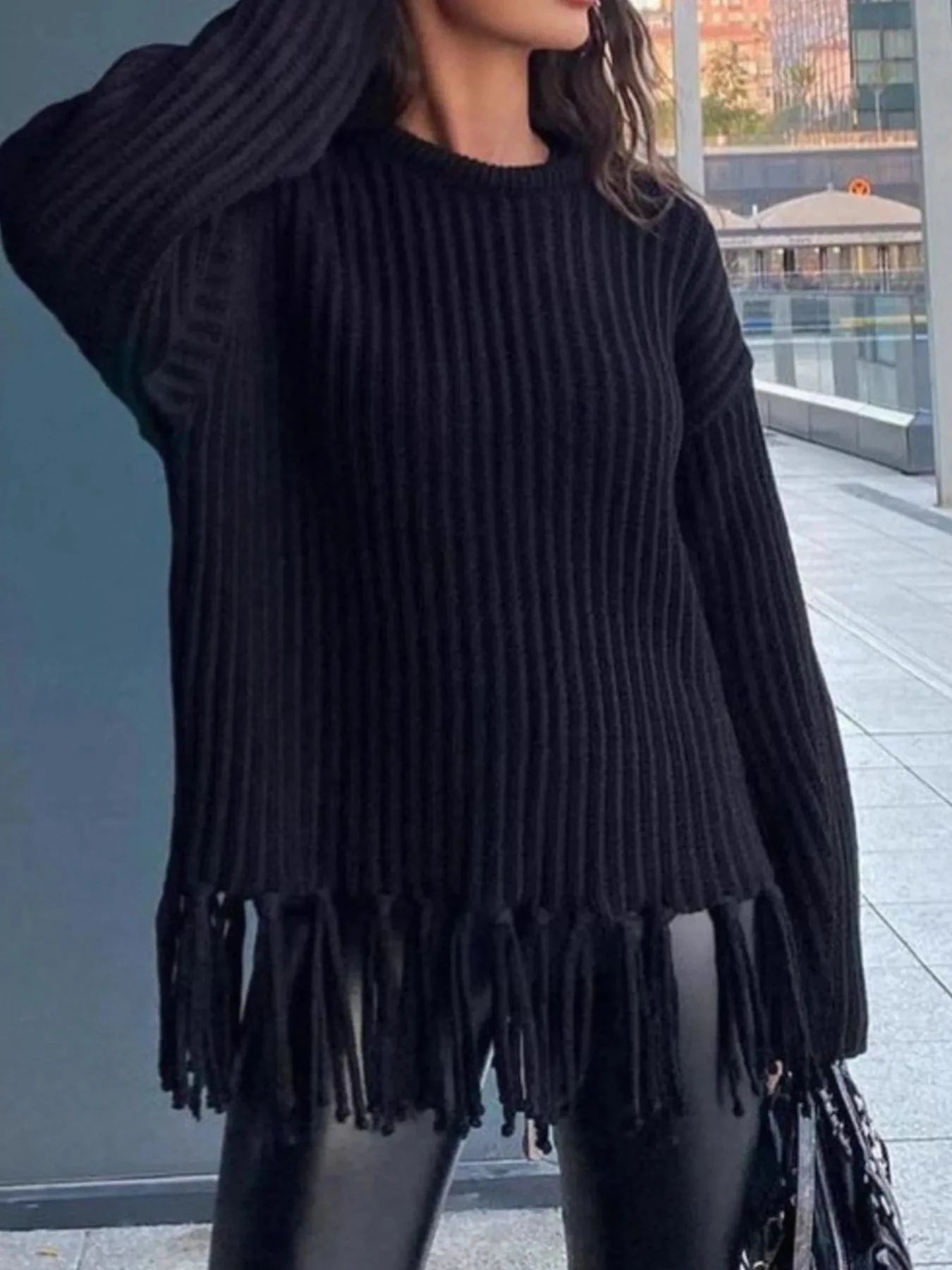 Fringe Round Neck Long Sleeve Sweater - ShalayeFashion
