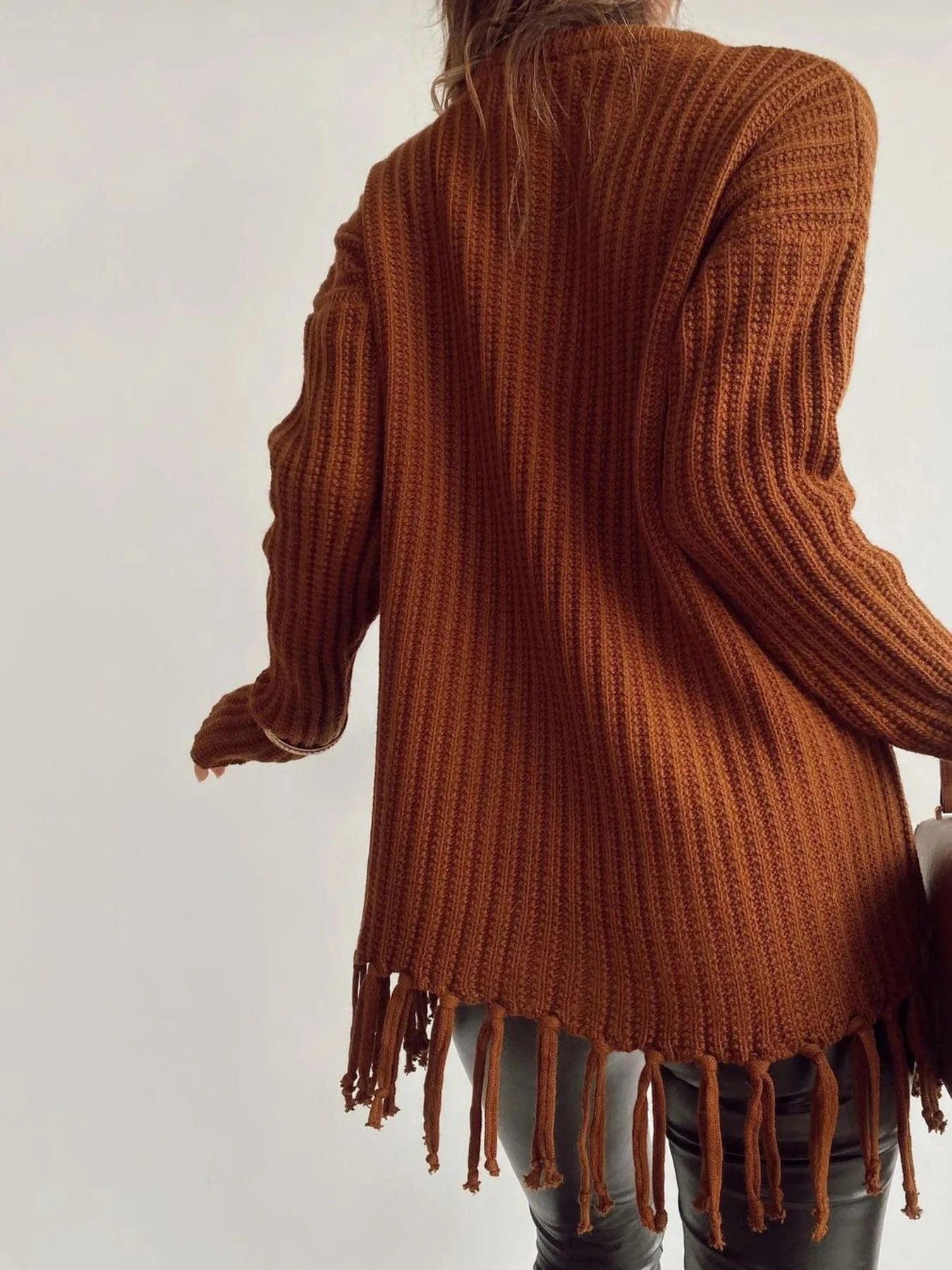 Fringe Round Neck Long Sleeve Sweater - ShalayeFashion