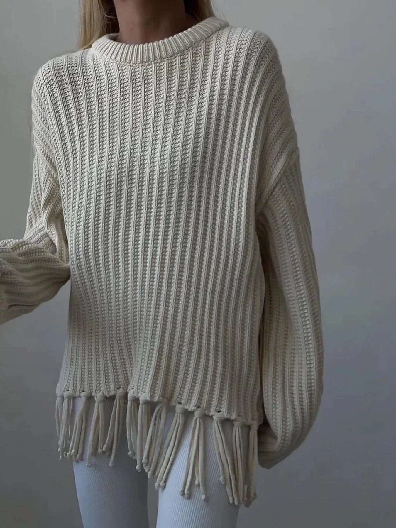 Fringe Round Neck Long Sleeve Sweater - ShalayeFashion