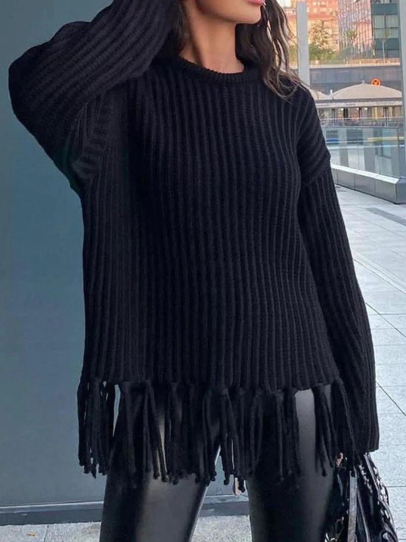 Fringe Round Neck Long Sleeve Sweater - ShalayeFashion