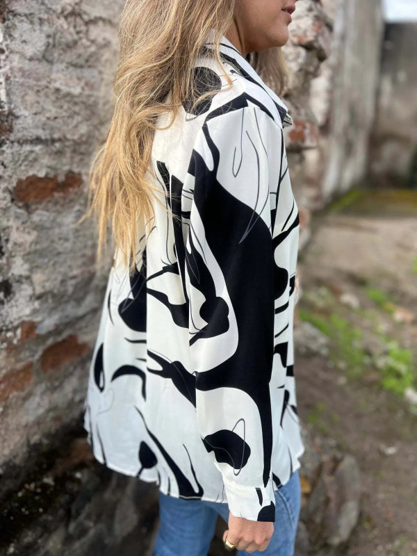 Full Size Abstract Print Long Sleeve Button - Up Shirt Plus Size - ShalayeFashion