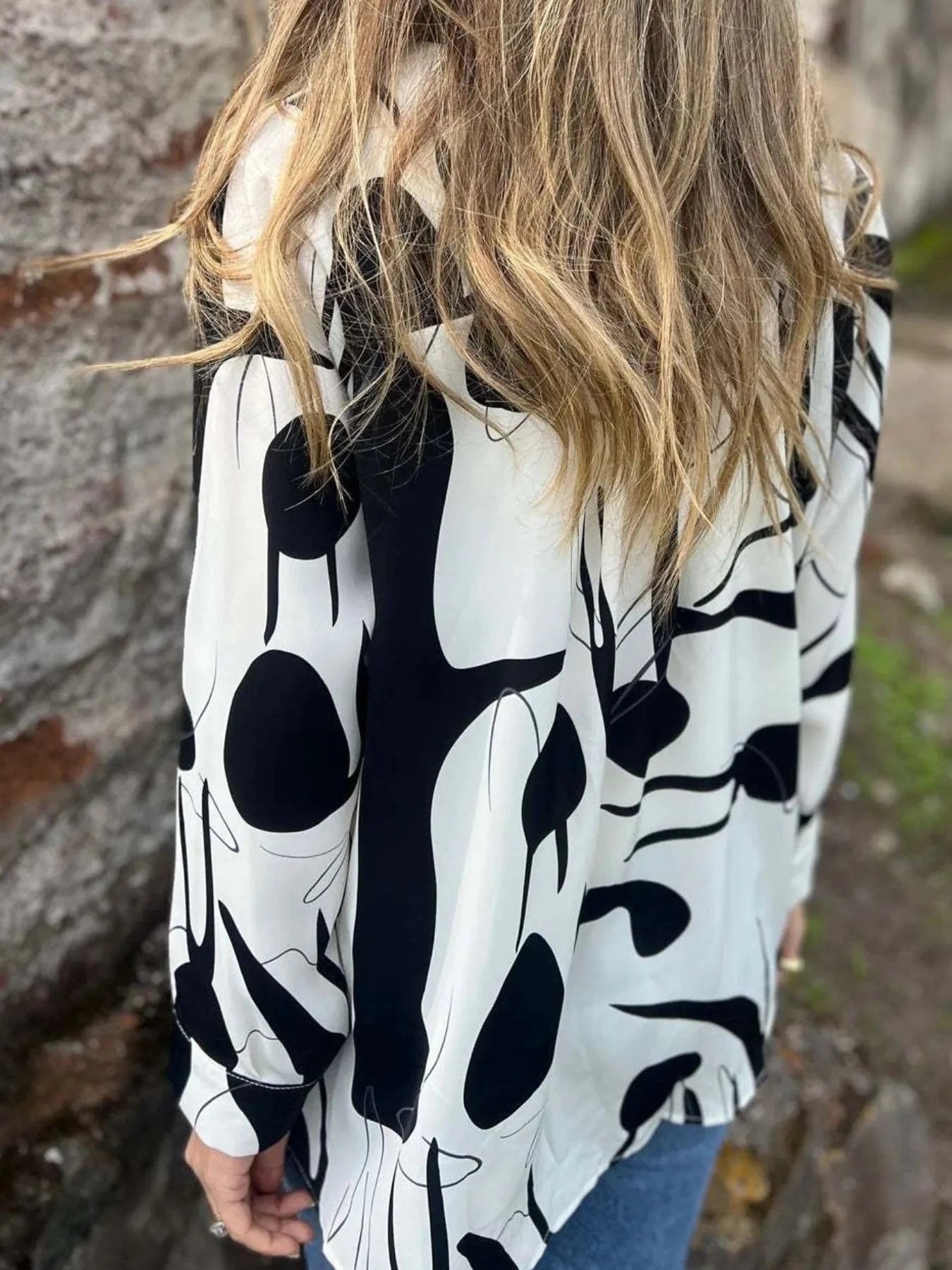 Full Size Abstract Print Long Sleeve Button - Up Shirt Plus Size - ShalayeFashion