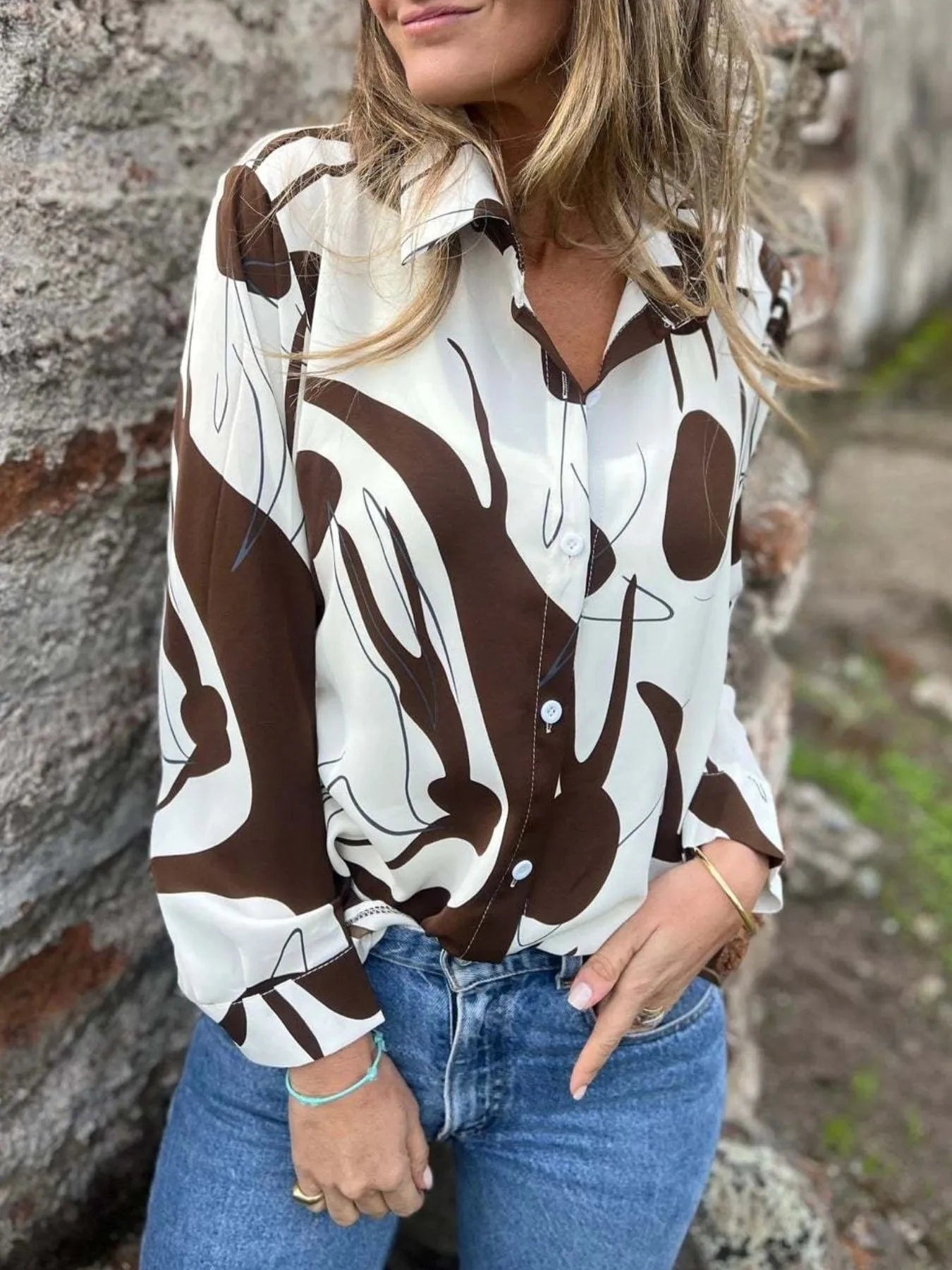 Full Size Abstract Print Long Sleeve Button - Up Shirt Plus Size - ShalayeFashion