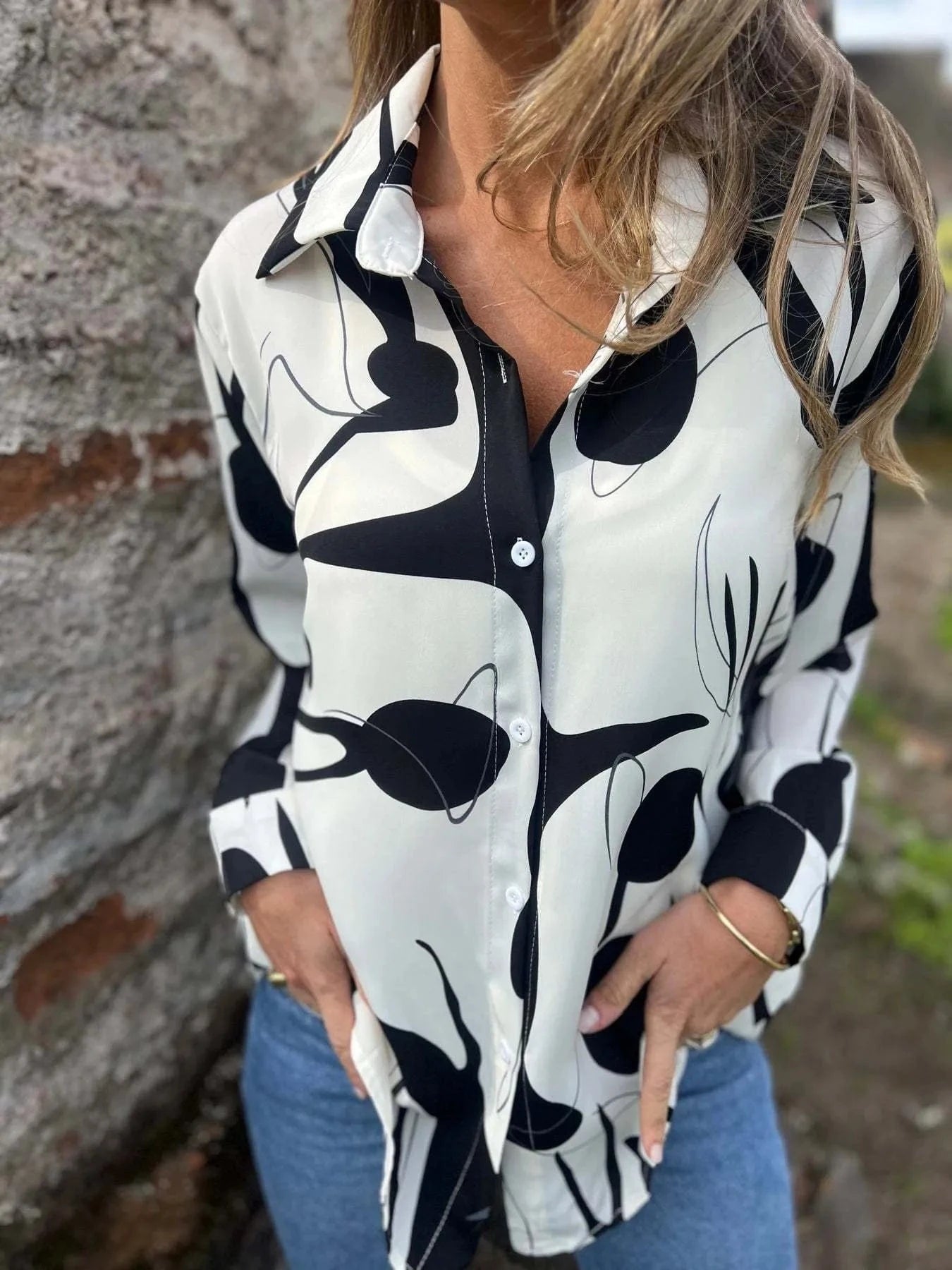 Full Size Abstract Print Long Sleeve Button - Up Shirt Plus Size - ShalayeFashion