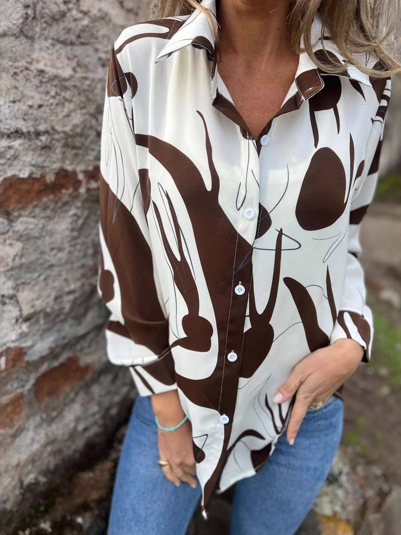 Full Size Abstract Print Long Sleeve Button - Up Shirt Plus Size - ShalayeFashion