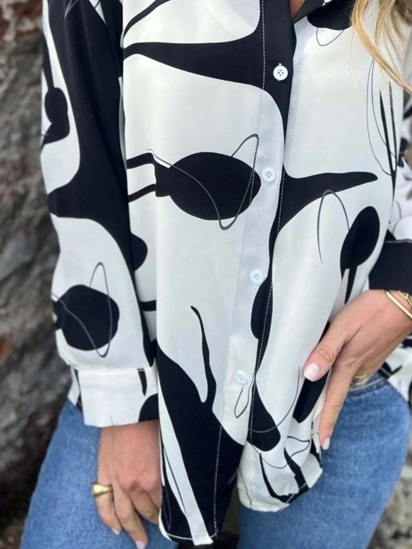 Full Size Abstract Print Long Sleeve Button - Up Shirt Plus Size - ShalayeFashion
