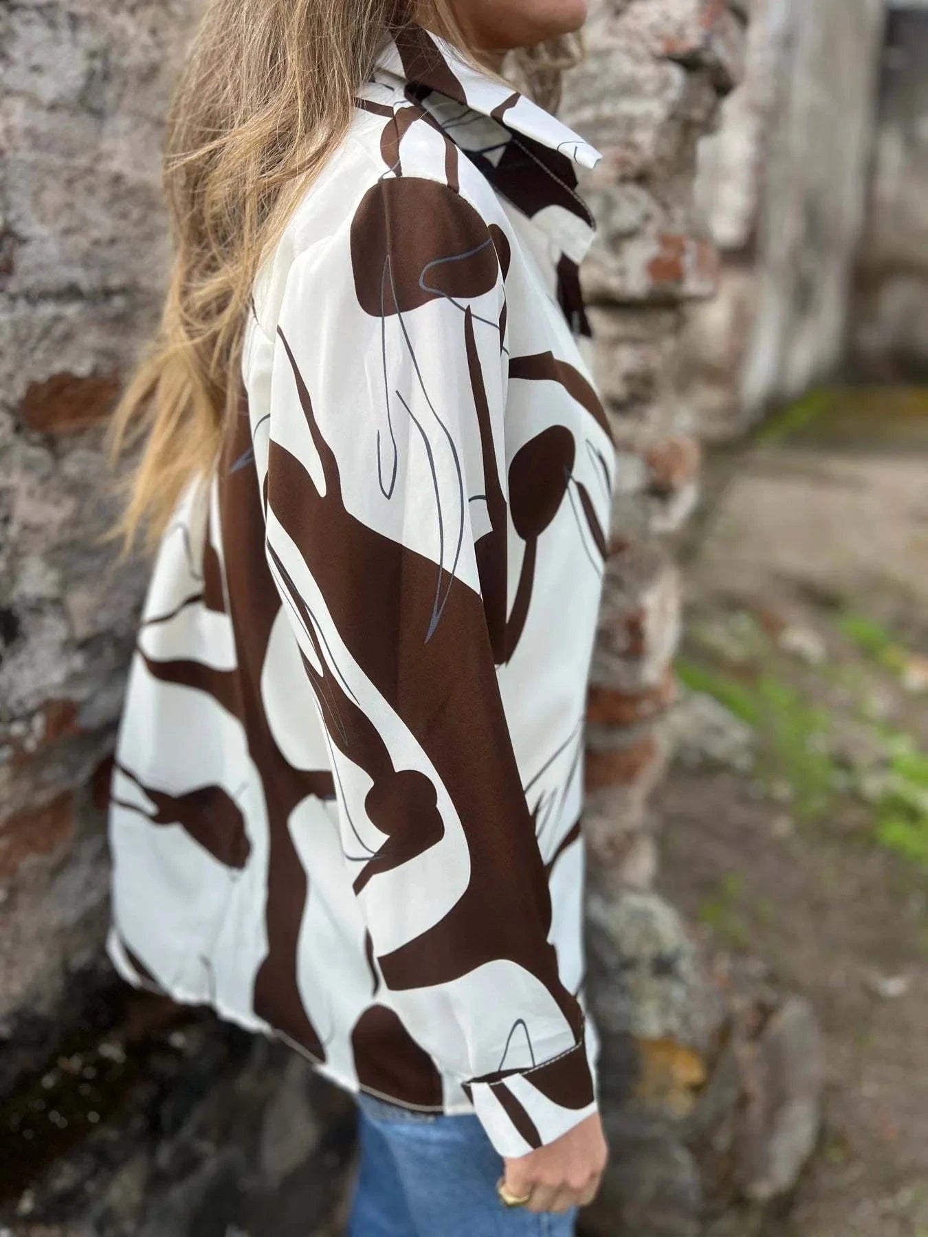 Full Size Abstract Print Long Sleeve Button - Up Shirt Plus Size - ShalayeFashion