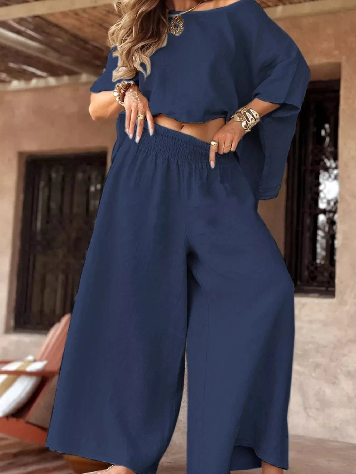 Full Size Boat Neck Top and Wide Leg Pants Set Plus Size - ShalayeFashion