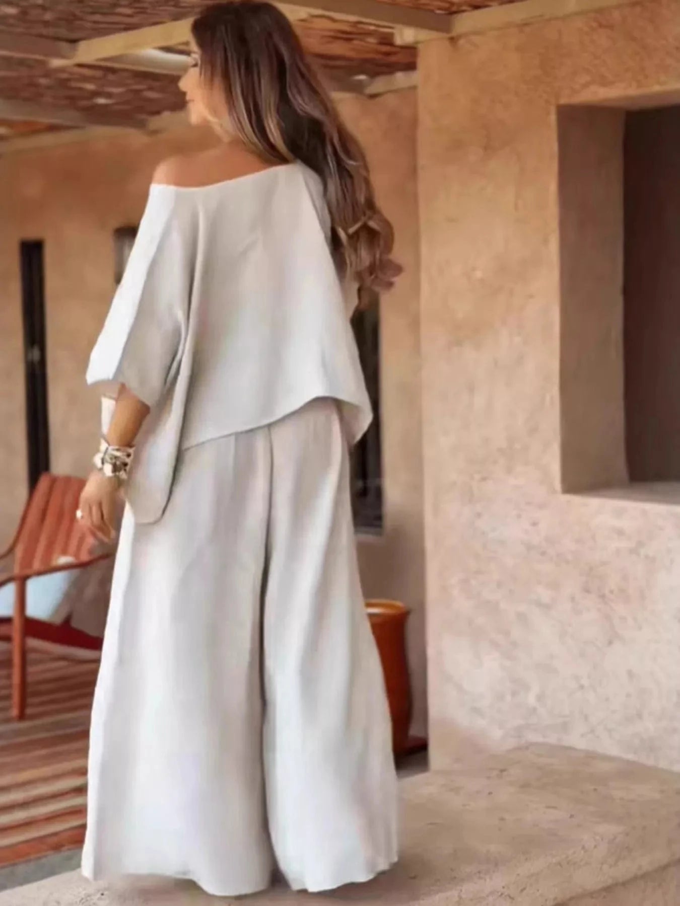 Full Size Boat Neck Top and Wide Leg Pants Set Plus Size - ShalayeFashion