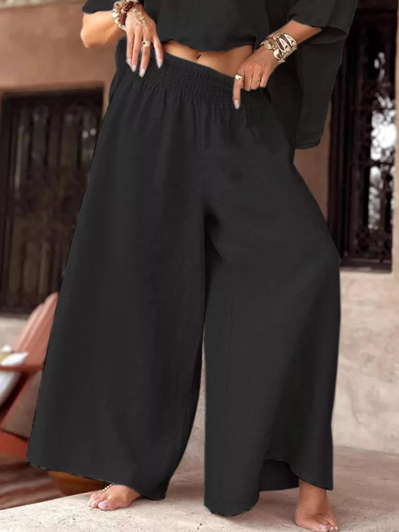 Full Size Boat Neck Top and Wide Leg Pants Set Plus Size - ShalayeFashion