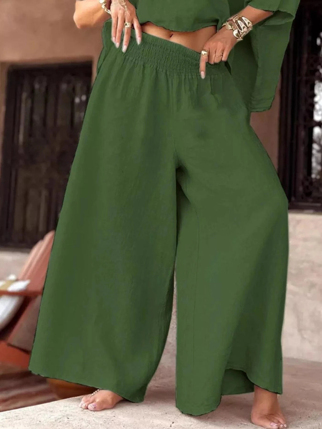 Full Size Boat Neck Top and Wide Leg Pants Set Plus Size - ShalayeFashion