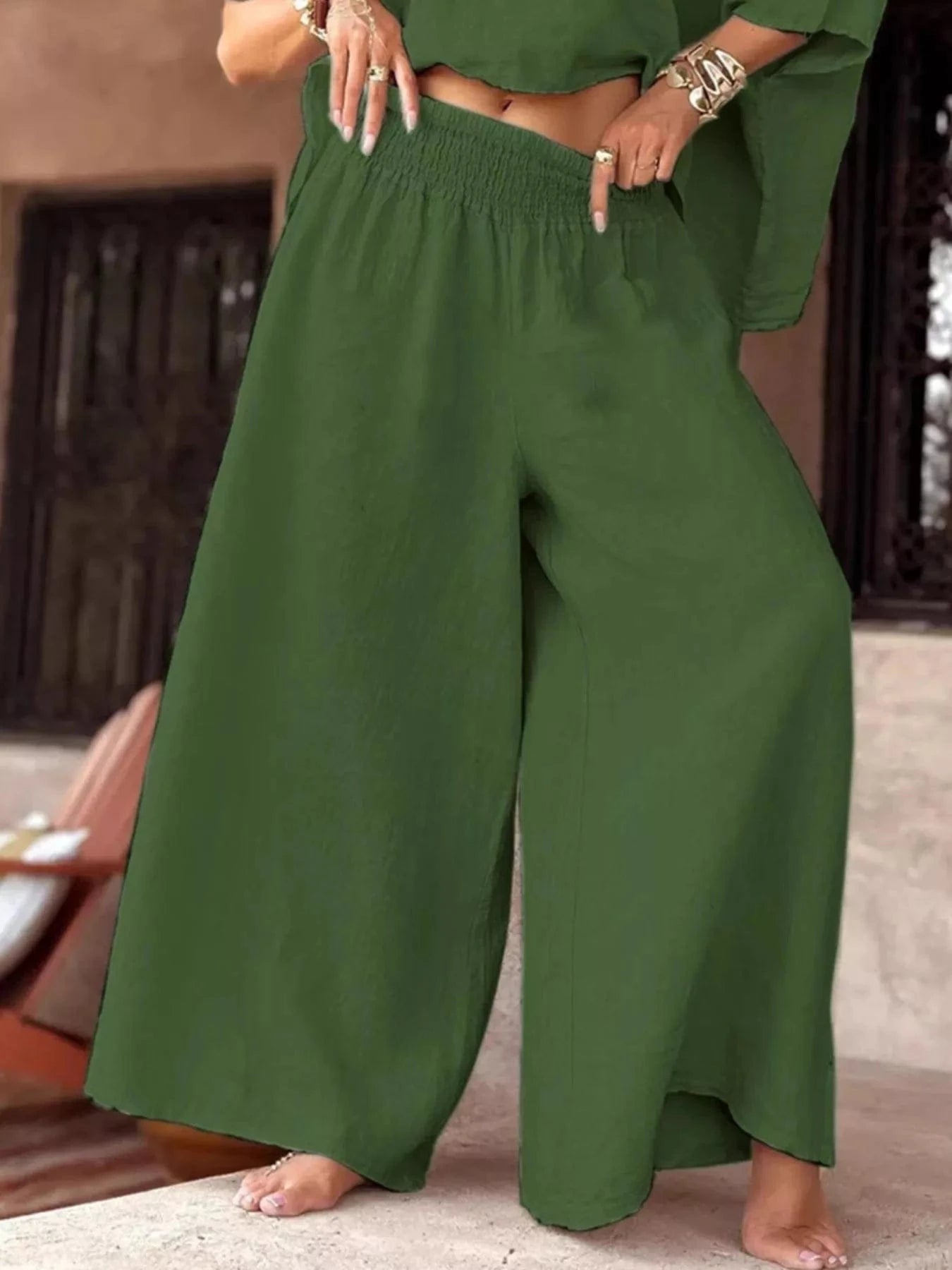 Full Size Boat Neck Top and Wide Leg Pants Set Plus Size - ShalayeFashion