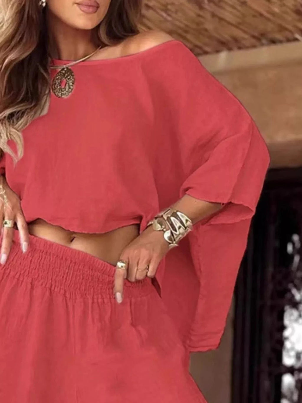 Full Size Boat Neck Top and Wide Leg Pants Set Plus Size - ShalayeFashion
