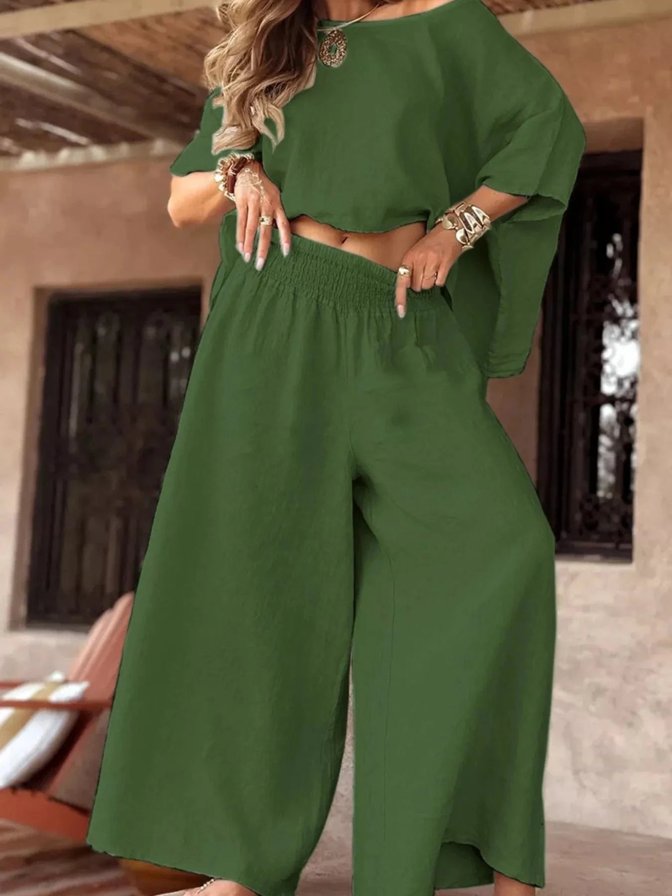 Full Size Boat Neck Top and Wide Leg Pants Set Plus Size - ShalayeFashion