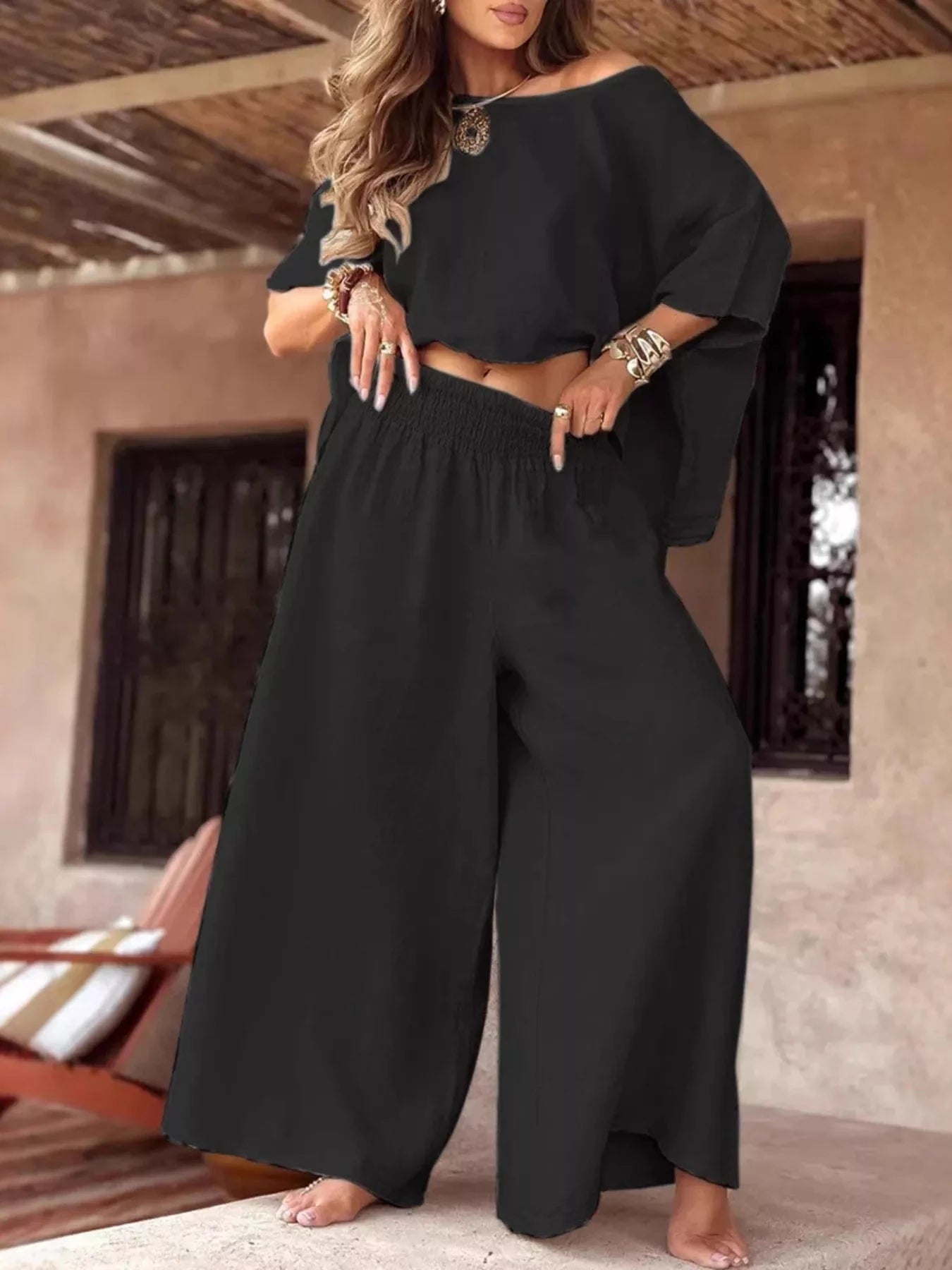 Full Size Boat Neck Top and Wide Leg Pants Set Plus Size - ShalayeFashion