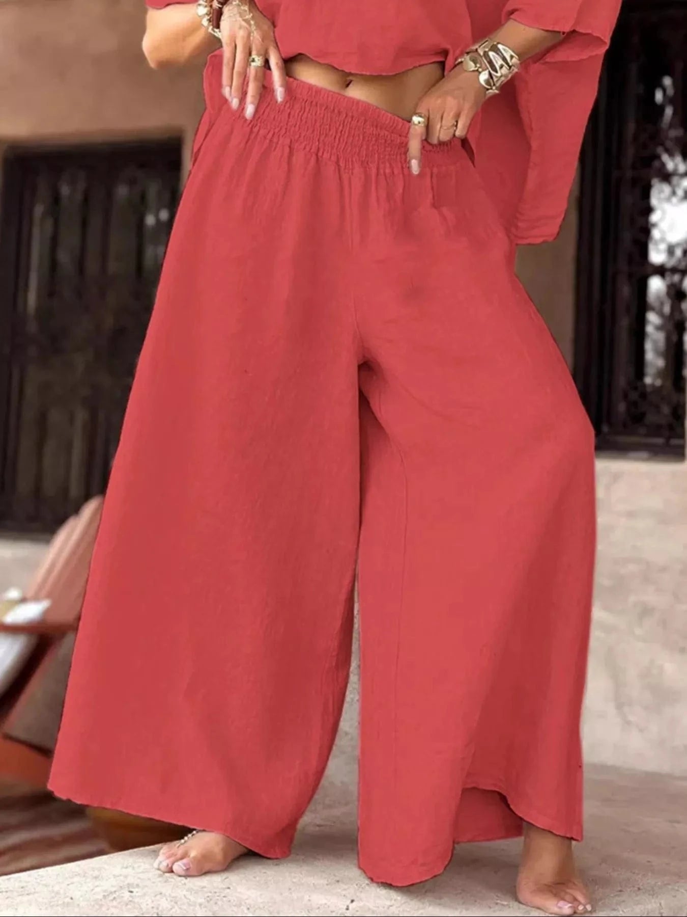 Full Size Boat Neck Top and Wide Leg Pants Set Plus Size - ShalayeFashion