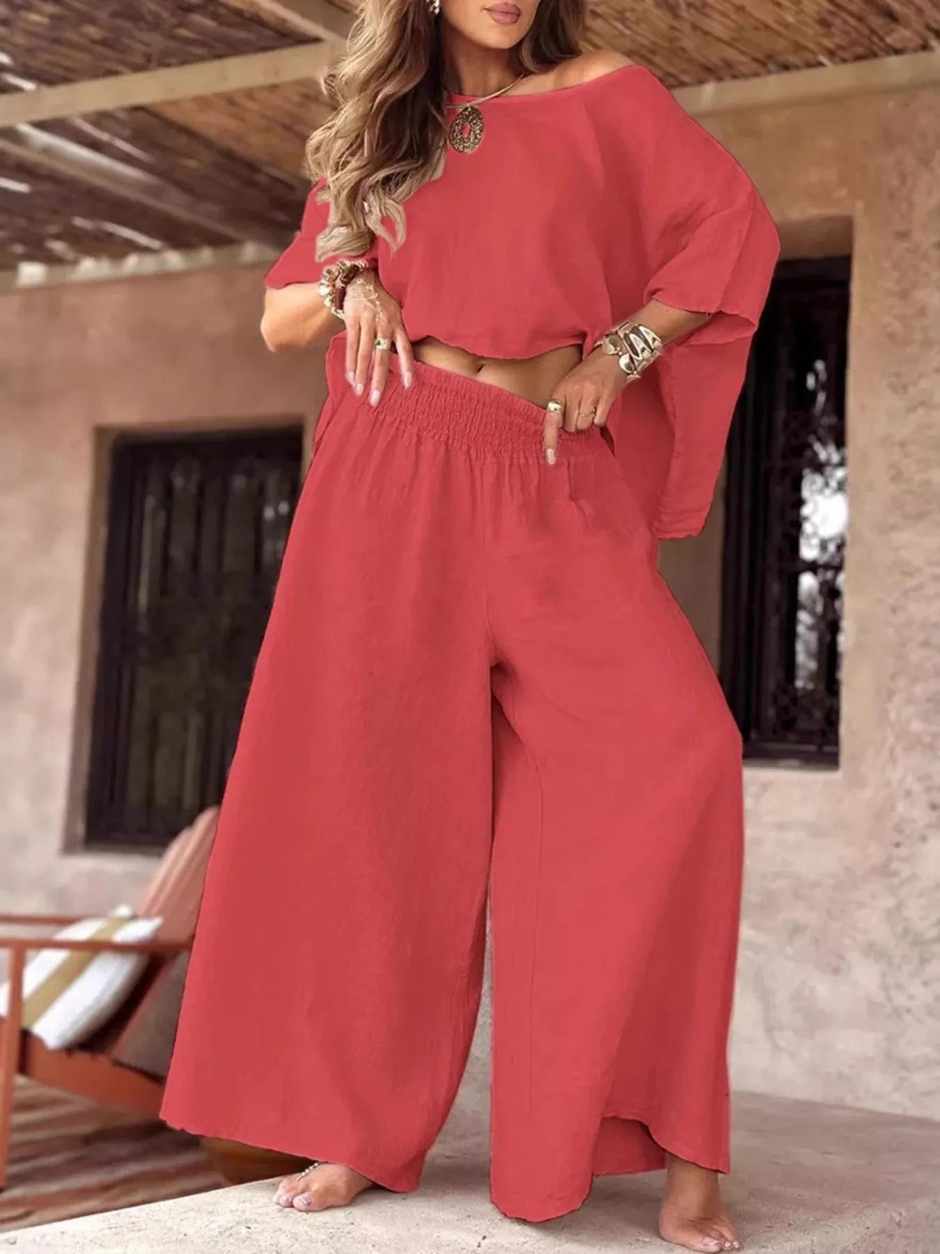 Full Size Boat Neck Top and Wide Leg Pants Set Plus Size - ShalayeFashion