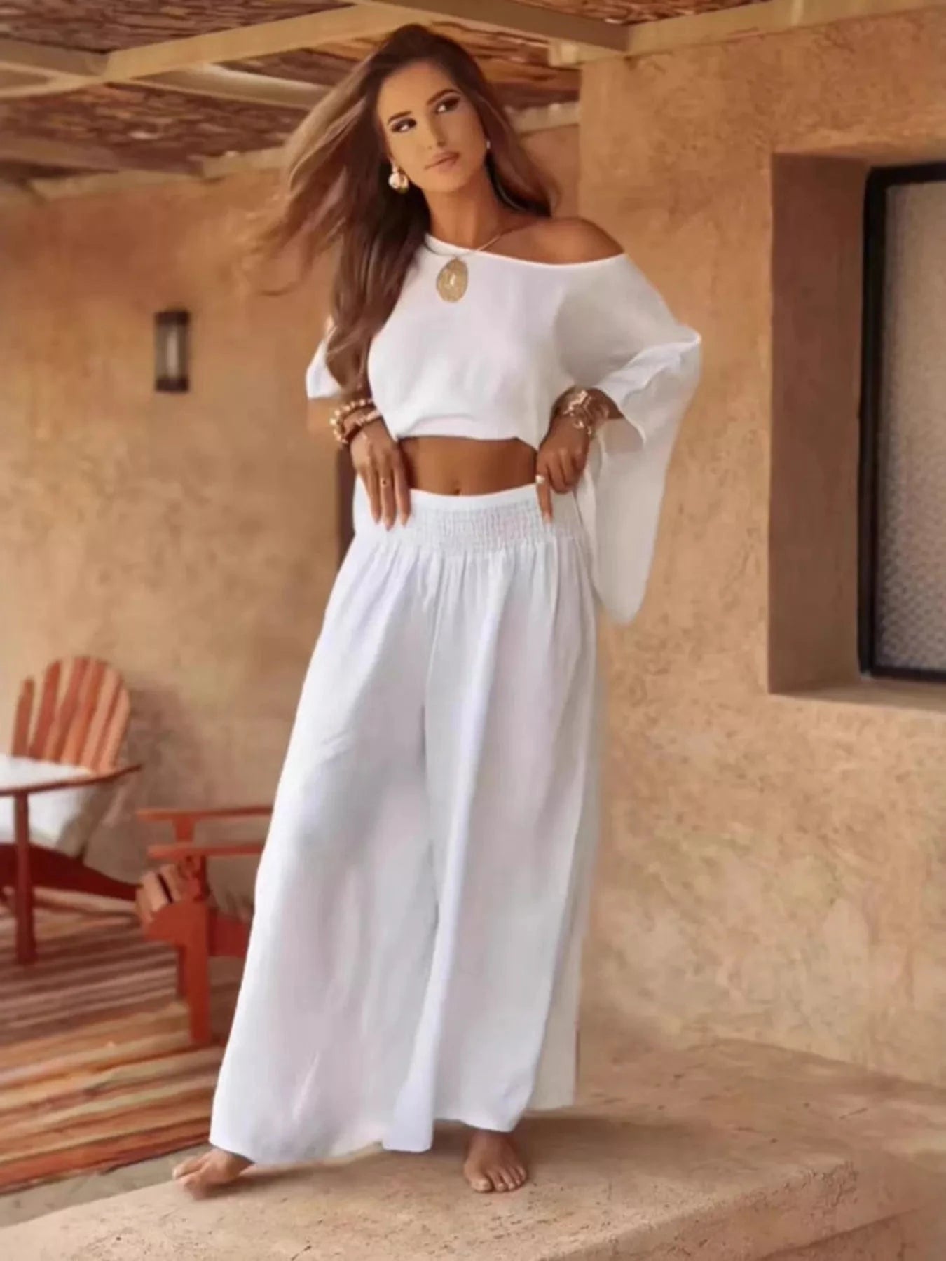 Full Size Boat Neck Top and Wide Leg Pants Set Plus Size - ShalayeFashion