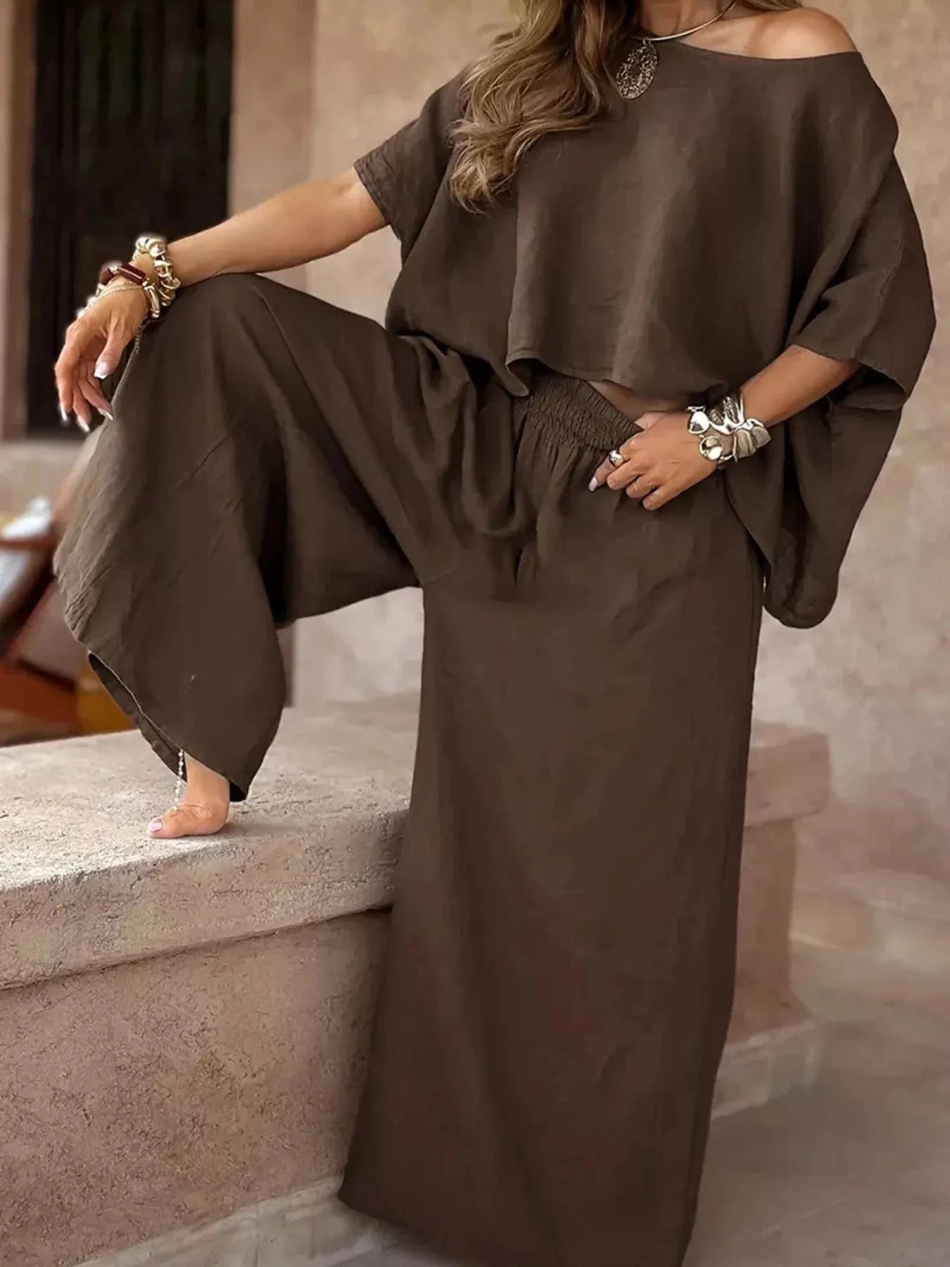 Full Size Boat Neck Top and Wide Leg Pants Set Plus Size - ShalayeFashion