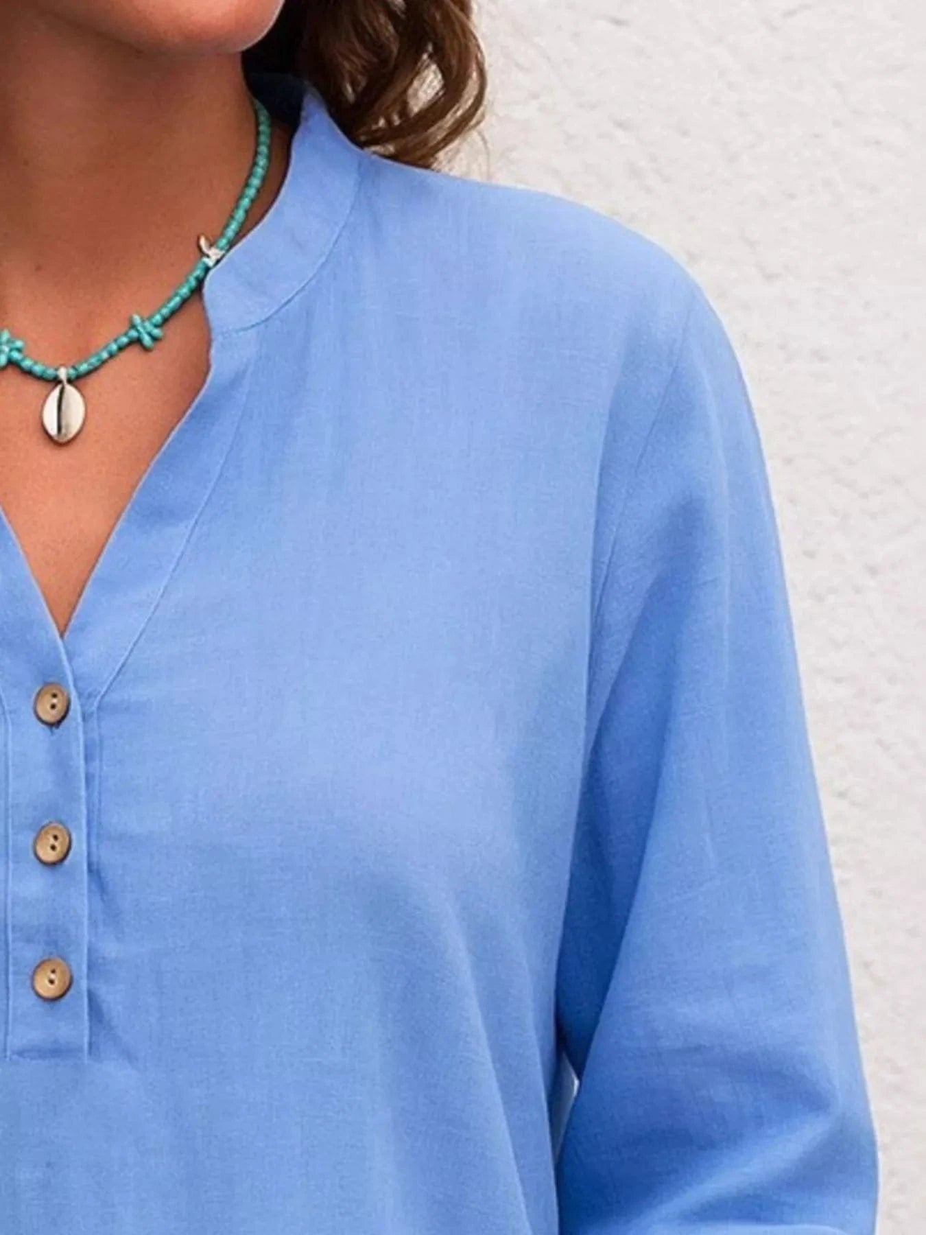 Full Size Button Detail Notched Long Sleeve Blouse Plus Size - ShalayeFashion