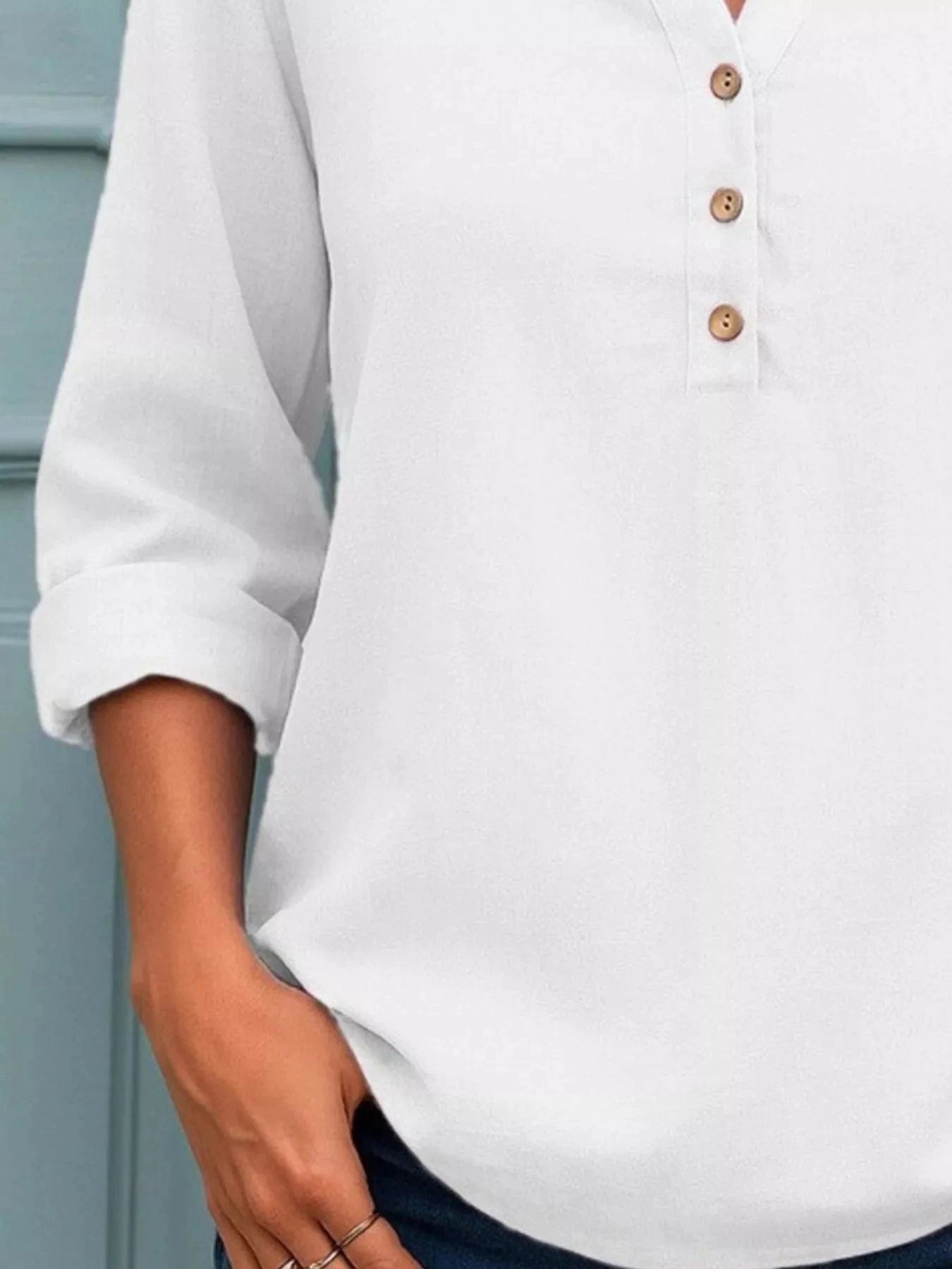 Full Size Button Detail Notched Long Sleeve Blouse Plus Size - ShalayeFashion