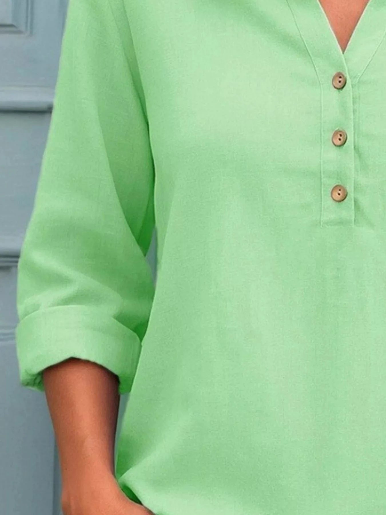 Full Size Button Detail Notched Long Sleeve Blouse Plus Size - ShalayeFashion