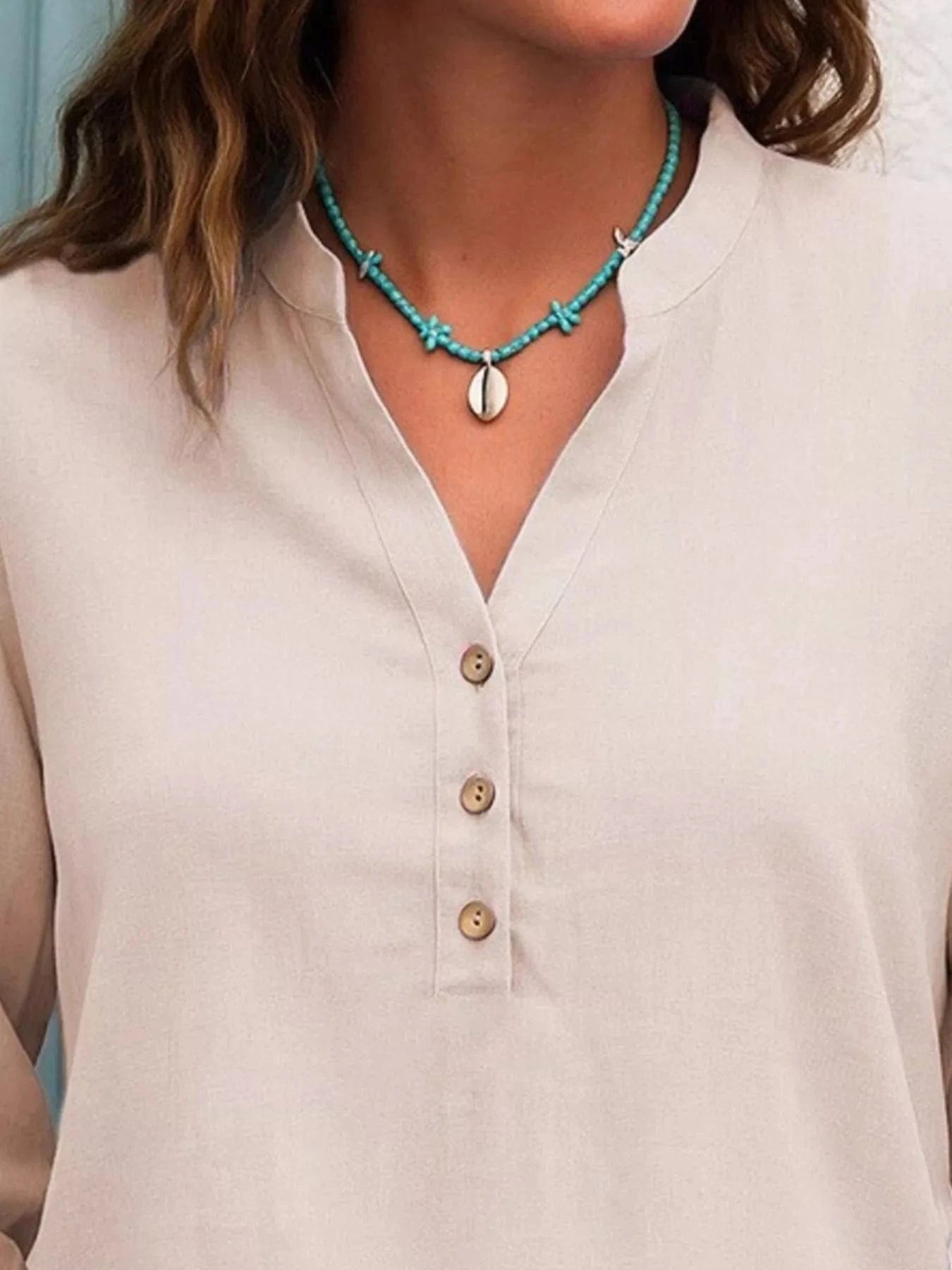 Full Size Button Detail Notched Long Sleeve Blouse Plus Size - ShalayeFashion