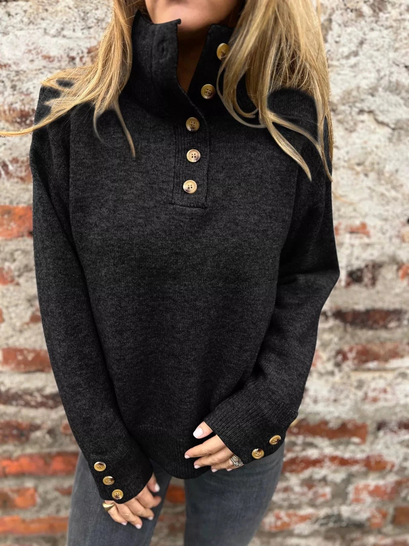 Full Size Button - Detail Turtleneck Sweater Plus Size - ShalayeFashion