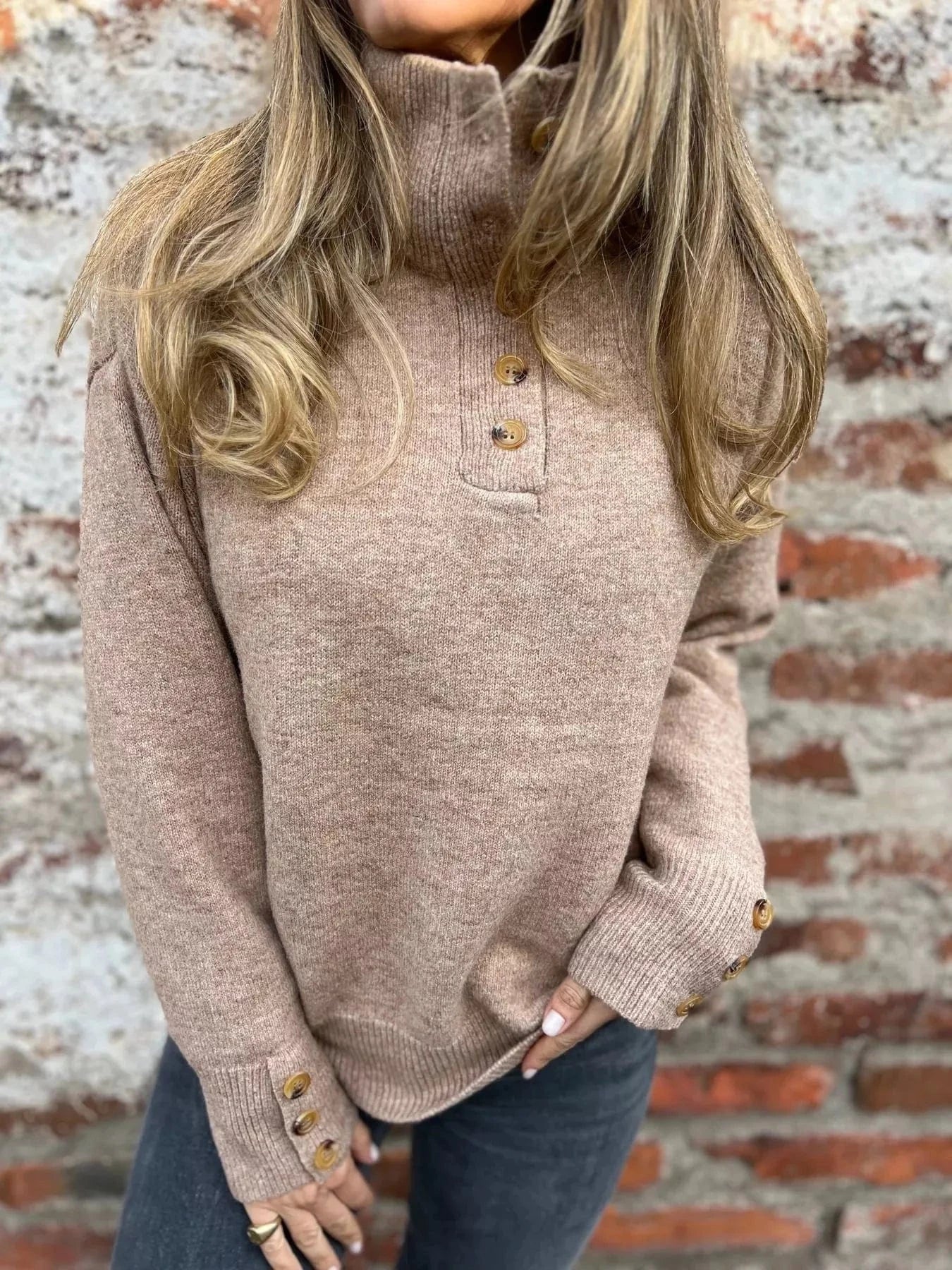 Full Size Button - Detail Turtleneck Sweater Plus Size - ShalayeFashion