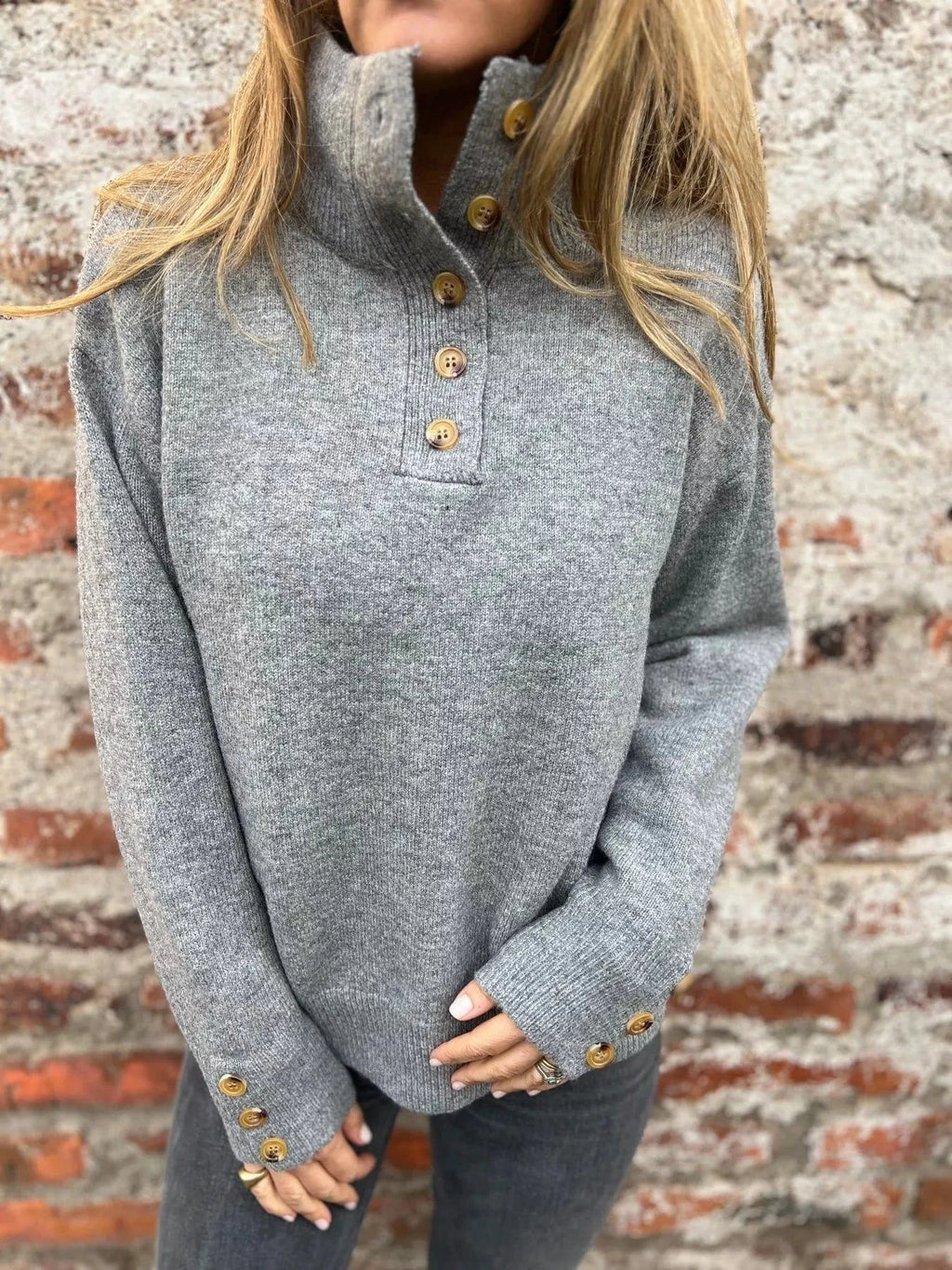 Full Size Button - Detail Turtleneck Sweater Plus Size - ShalayeFashion