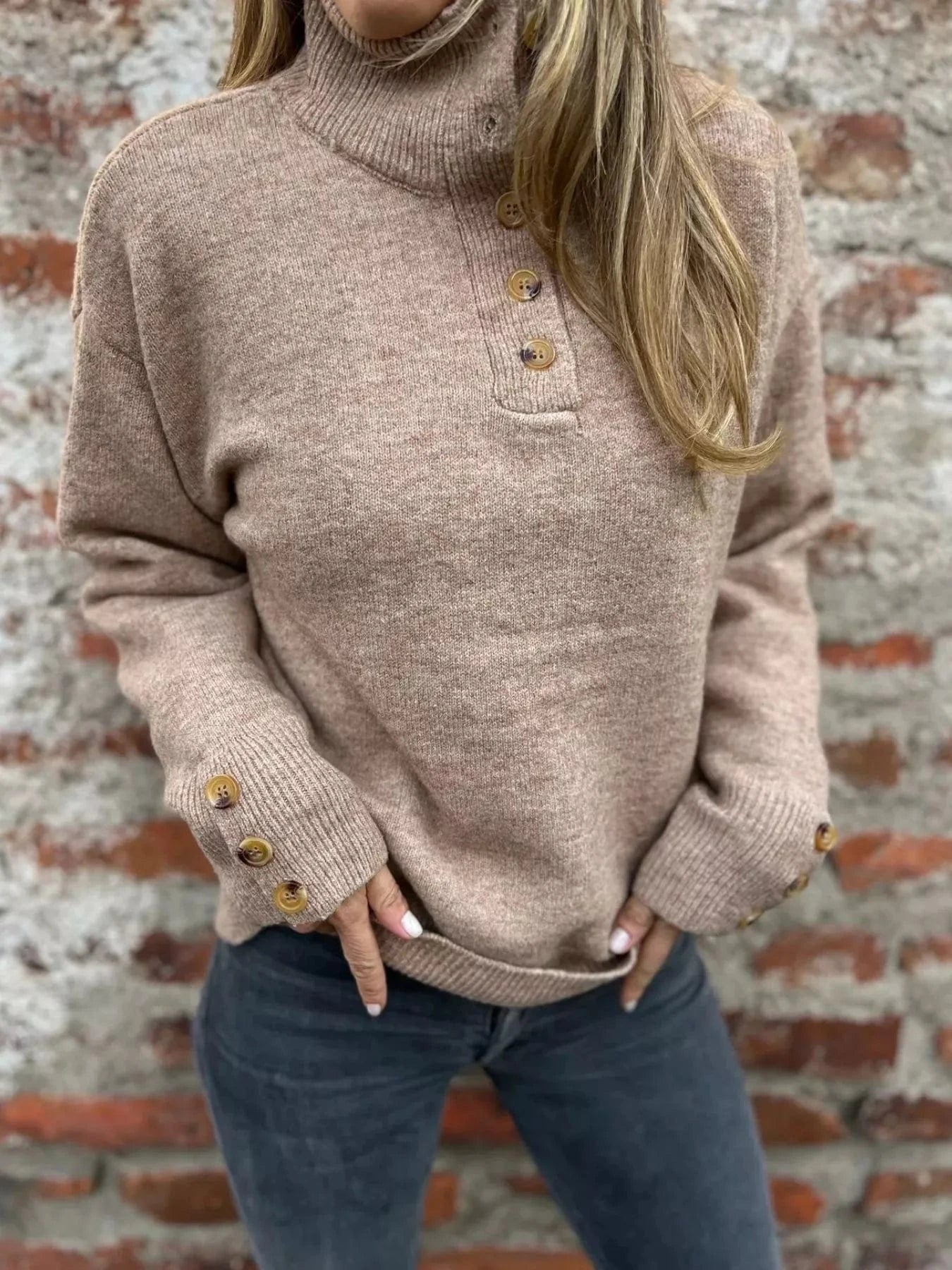 Full Size Button - Detail Turtleneck Sweater Plus Size - ShalayeFashion