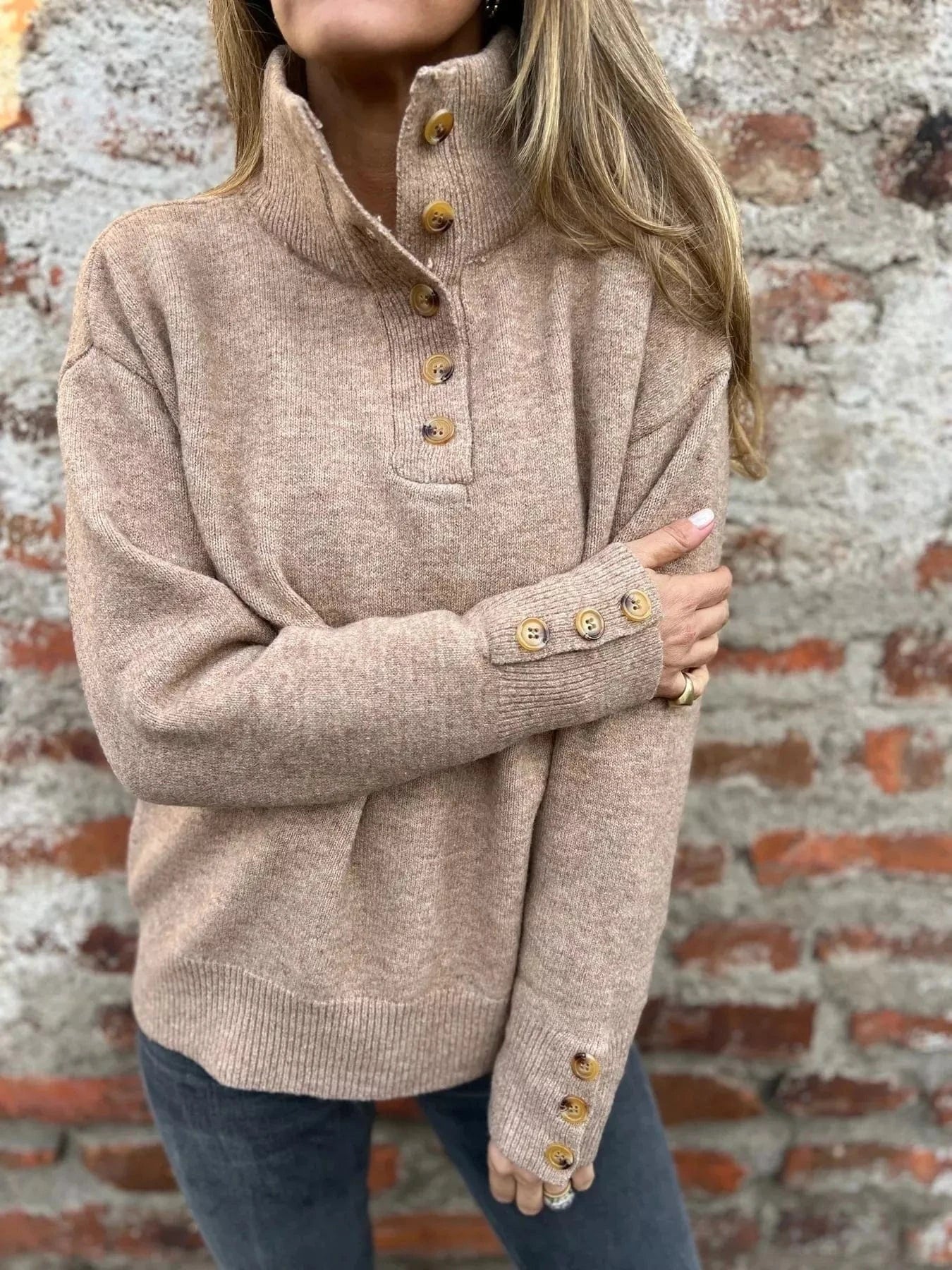 Full Size Button - Detail Turtleneck Sweater Plus Size - ShalayeFashion