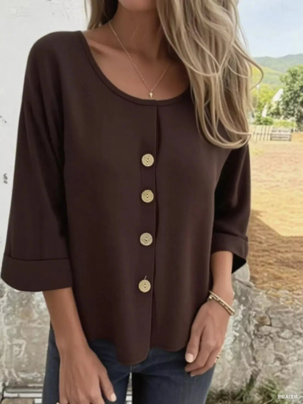 Full Size Button - Front 3/4 Sleeve Casual Blouse Plus Size - ShalayeFashion