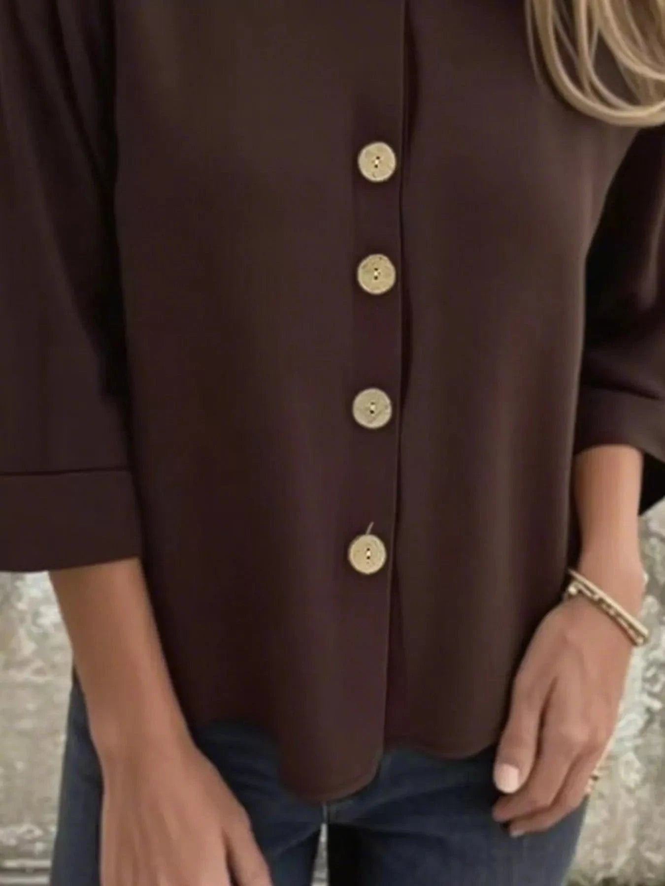 Full Size Button - Front 3/4 Sleeve Casual Blouse Plus Size - ShalayeFashion