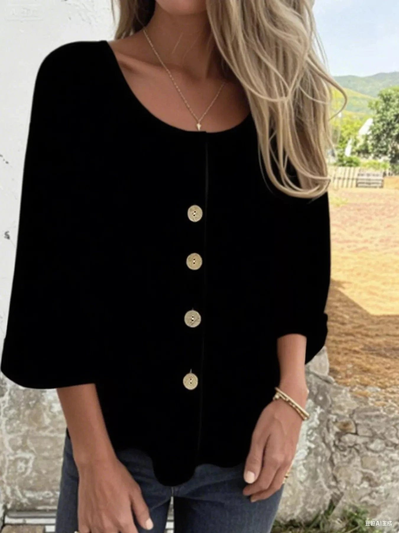 Full Size Button - Front 3/4 Sleeve Casual Blouse Plus Size - ShalayeFashion