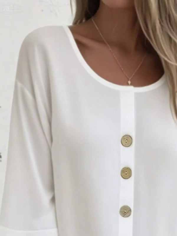 Full Size Button - Front 3/4 Sleeve Casual Blouse Plus Size - ShalayeFashion