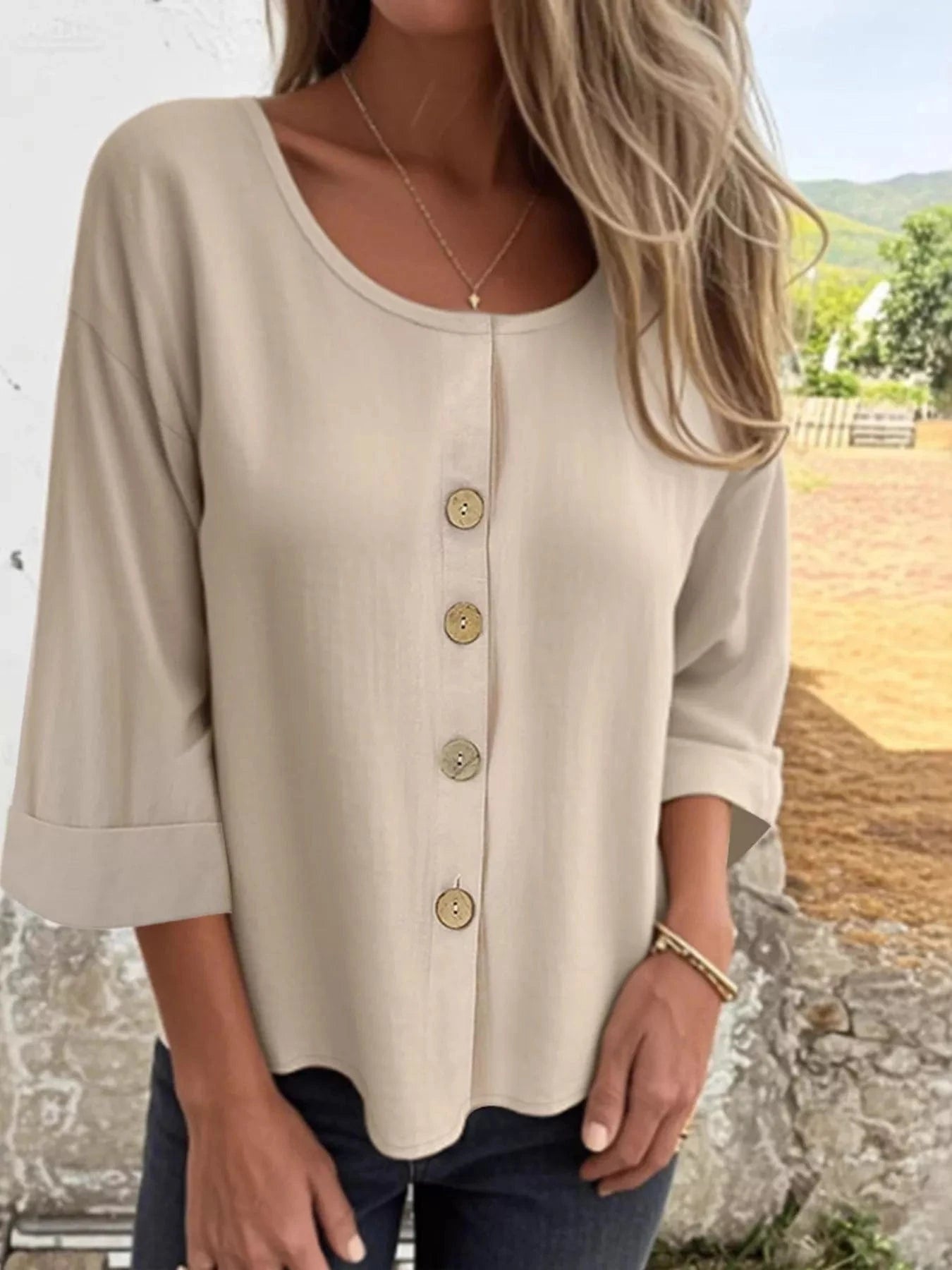 Full Size Button - Front 3/4 Sleeve Casual Blouse Plus Size - ShalayeFashion